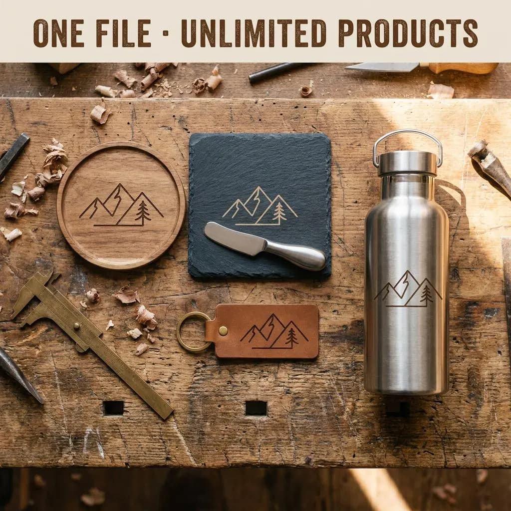 One file unlimited products laser engraved logo on wood coaster slate keychain water bottle