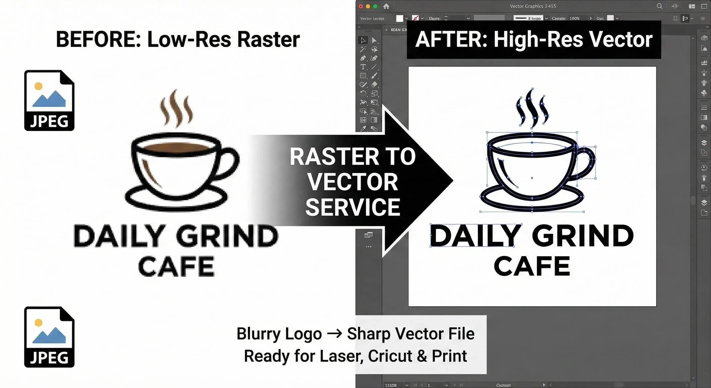Raster to vector service low resolution logo to high quality SVG conversion example