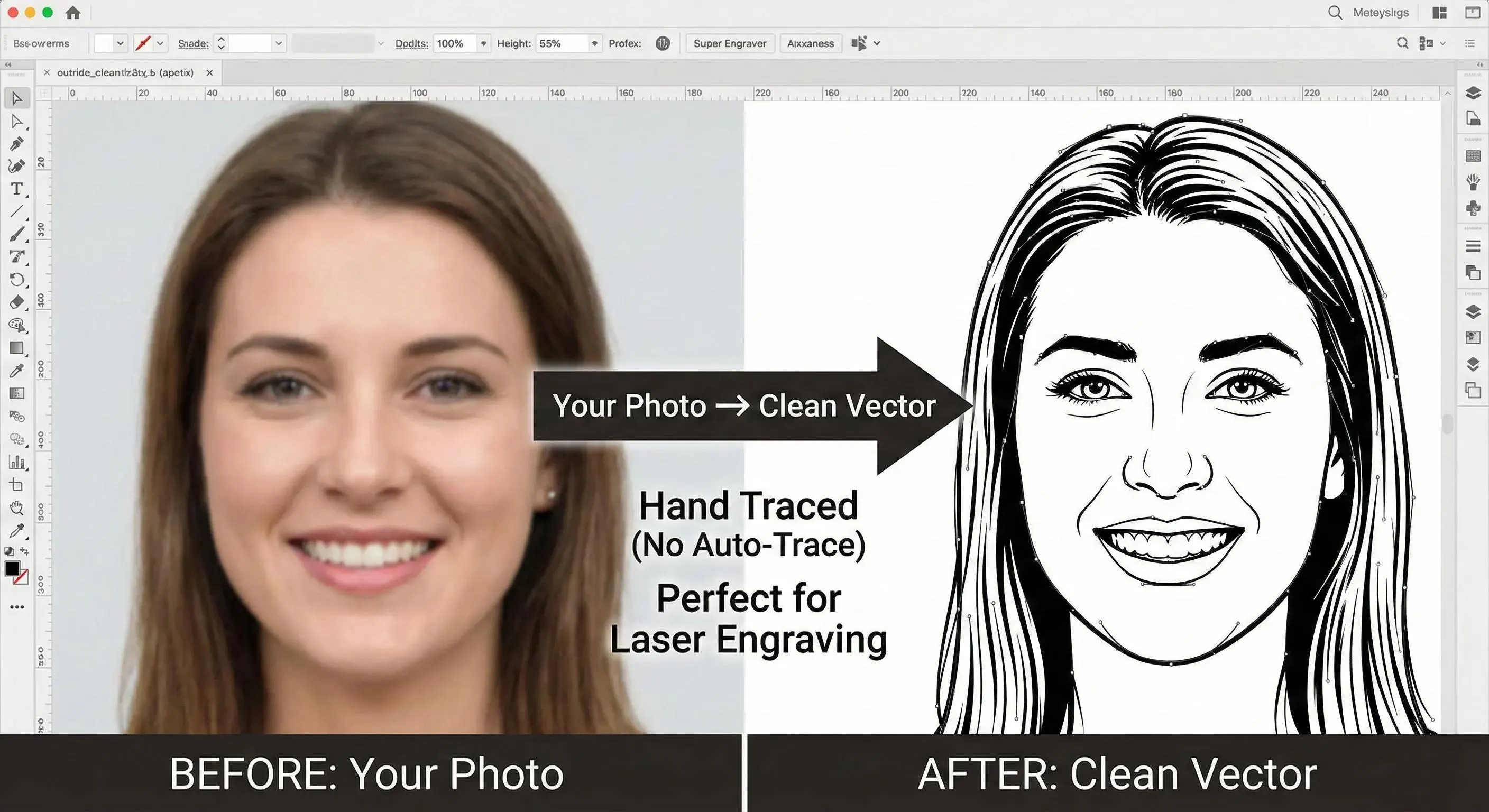 Photo to clean vector hand traced service for laser engraving black and white conversion