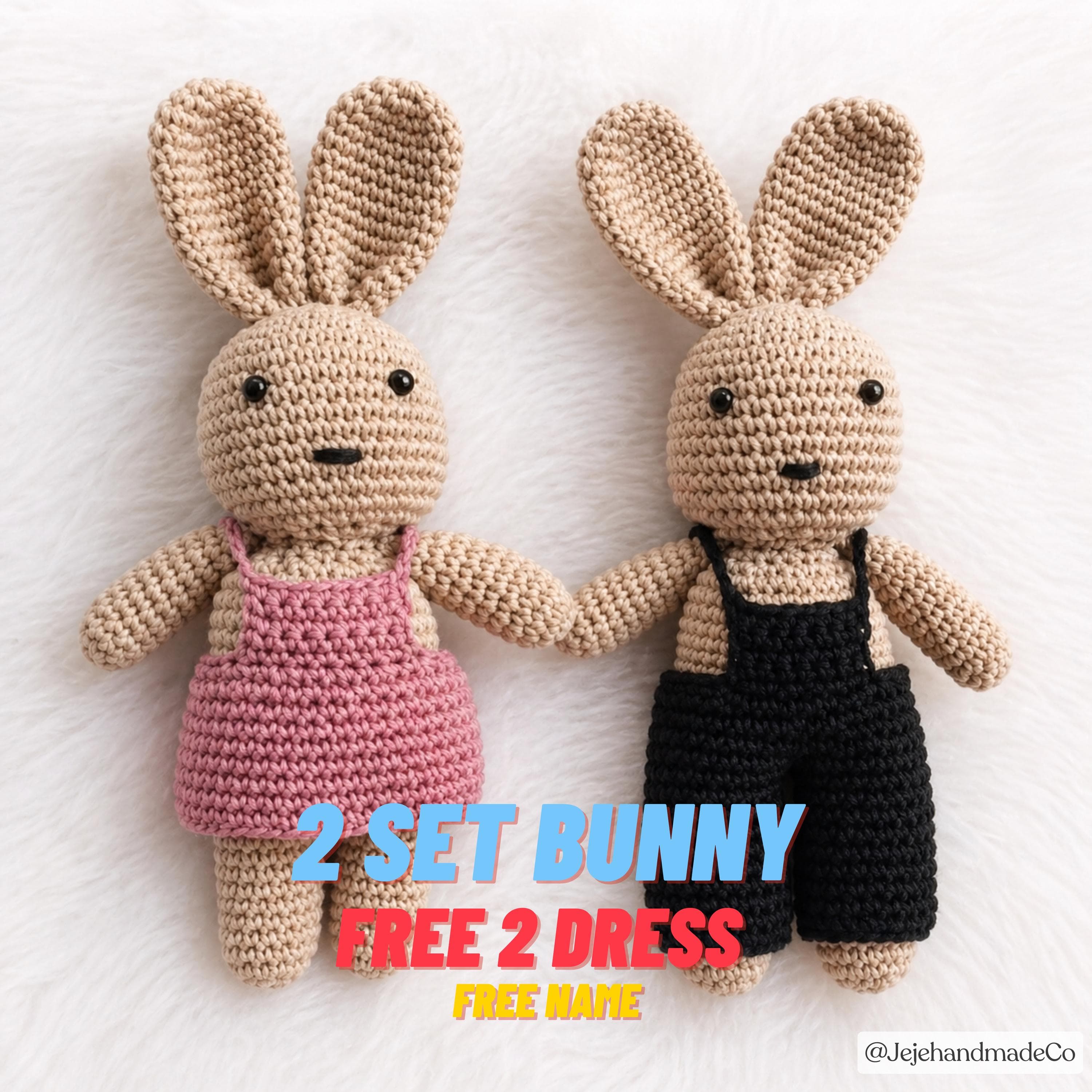 Handmade Crochet Bunny Couple Dolls – Amigurumi Plush Toy Set with Outfits