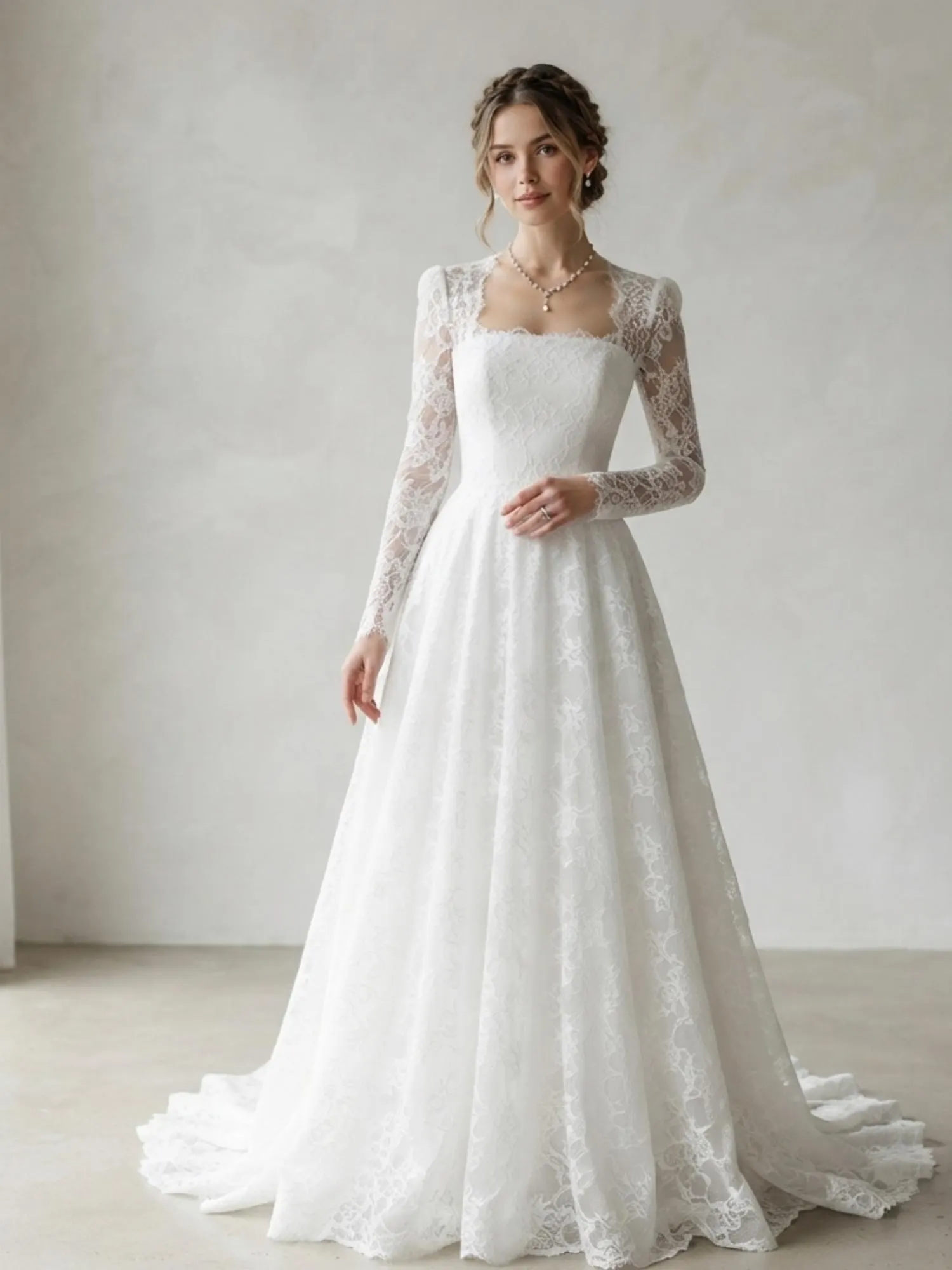 Boho Lace Wedding Dress A-Line Bridal Gown Square Neck Long Sleeve Wedding Dress Custom Rustic Garden Bride Dress