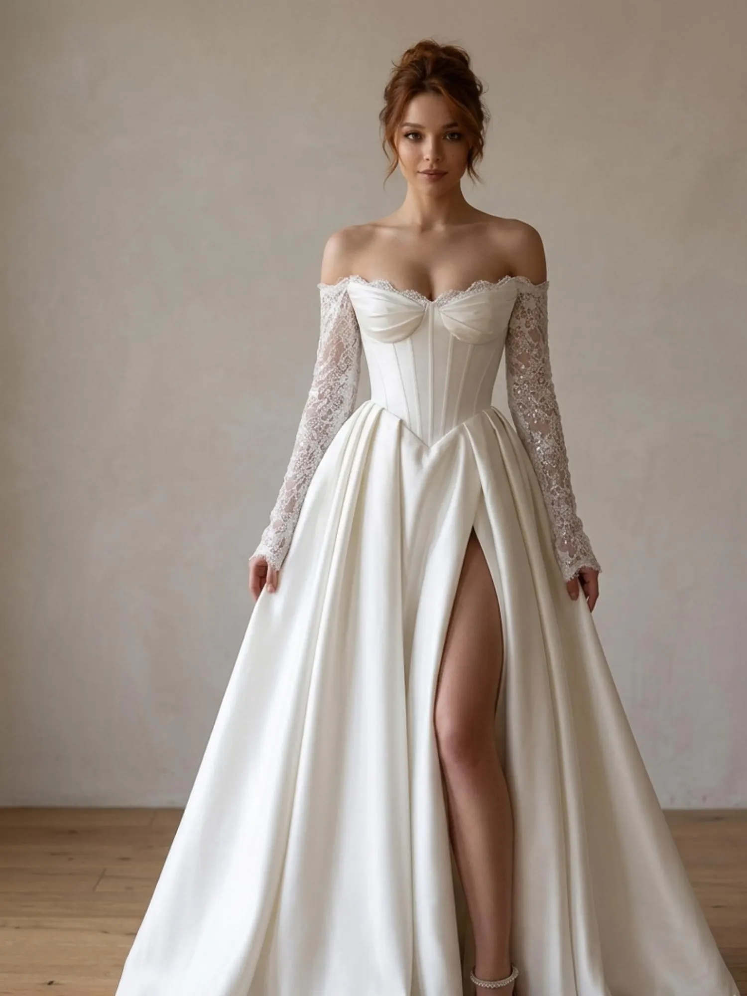 Custom Off Shoulder Satin Wedding Dress A-Line Bridal Gown Long Lace Sleeves Side Slit Lace Up Back Bride Dress - image 4