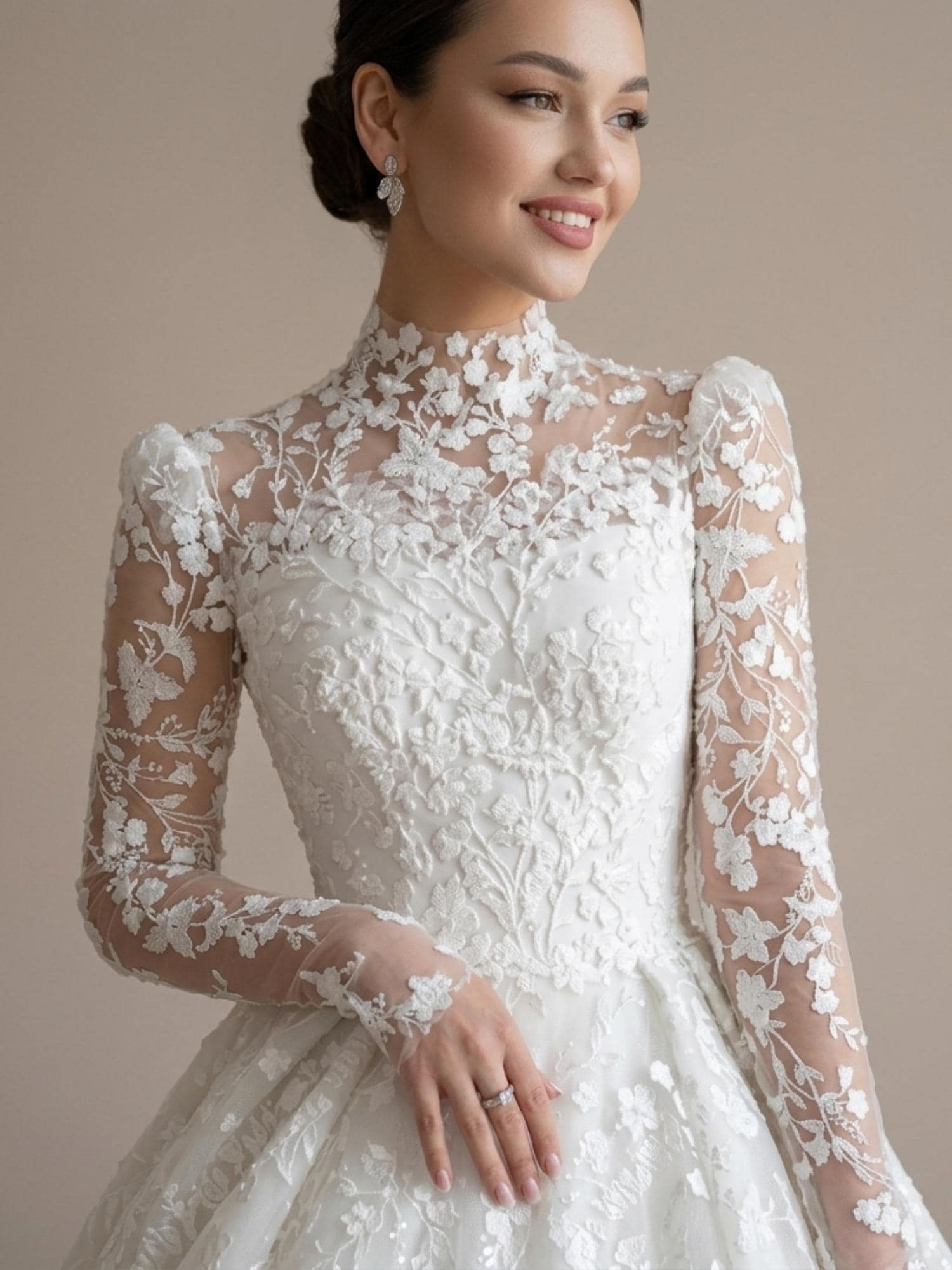 Custom Vintage Lace Wedding Dress High Neck A-Line Bridal Gown Floral Appliqué Princess Bride Dress Elegant Wedding Gown - image 4