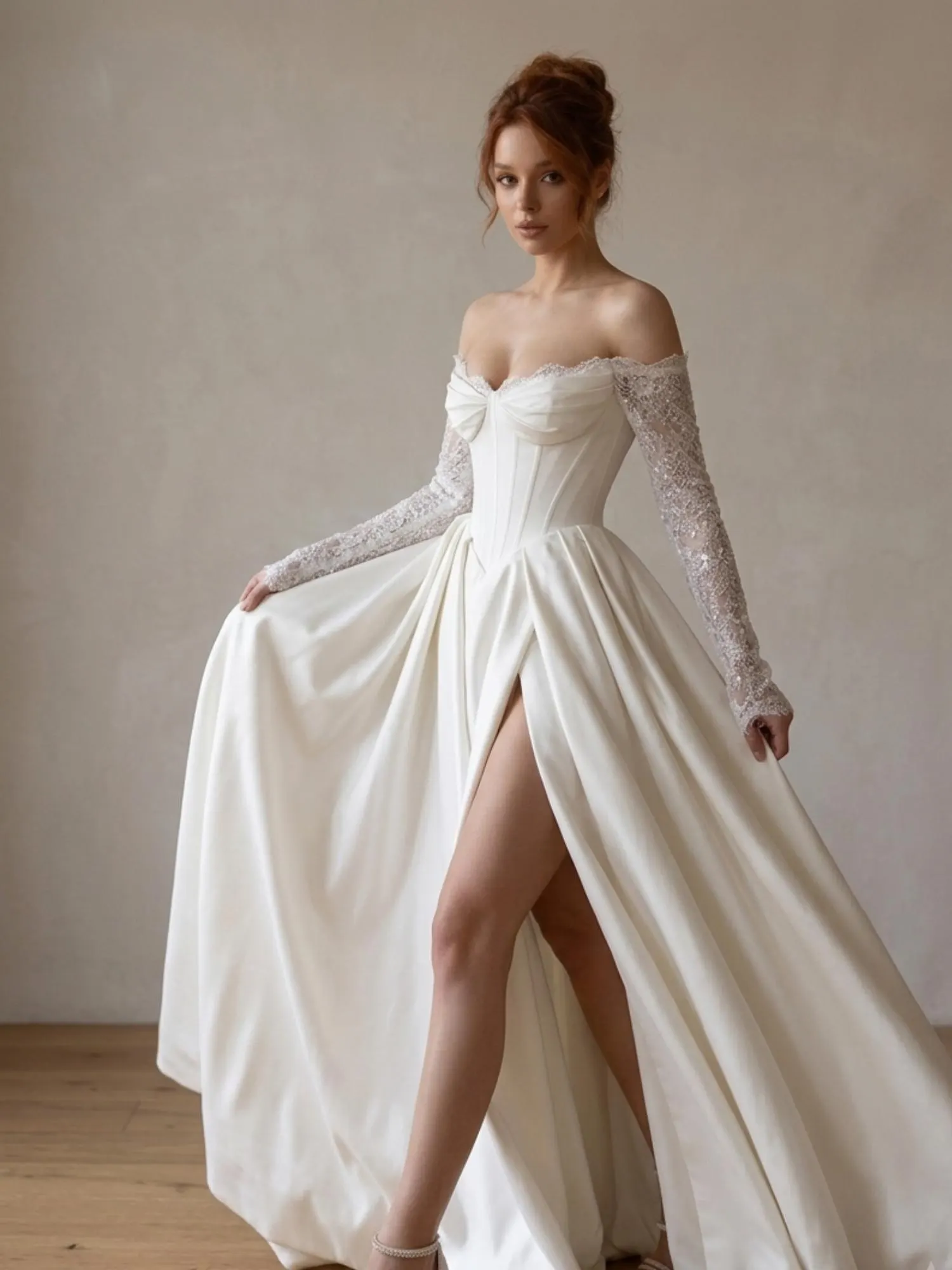 Custom Off Shoulder Satin Wedding Dress A-Line Bridal Gown Long Lace Sleeves Side Slit Lace Up Back Bride Dress - image 5