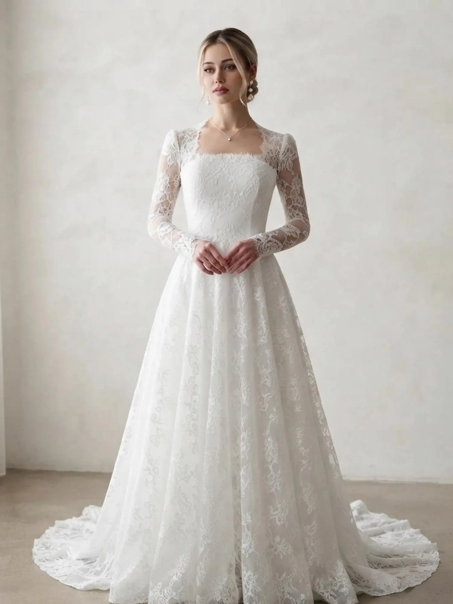 Boho Lace Wedding Dress A-Line Bridal Gown Square Neck Long Sleeve Wedding Dress Custom Rustic Garden Bride Dress - image 3