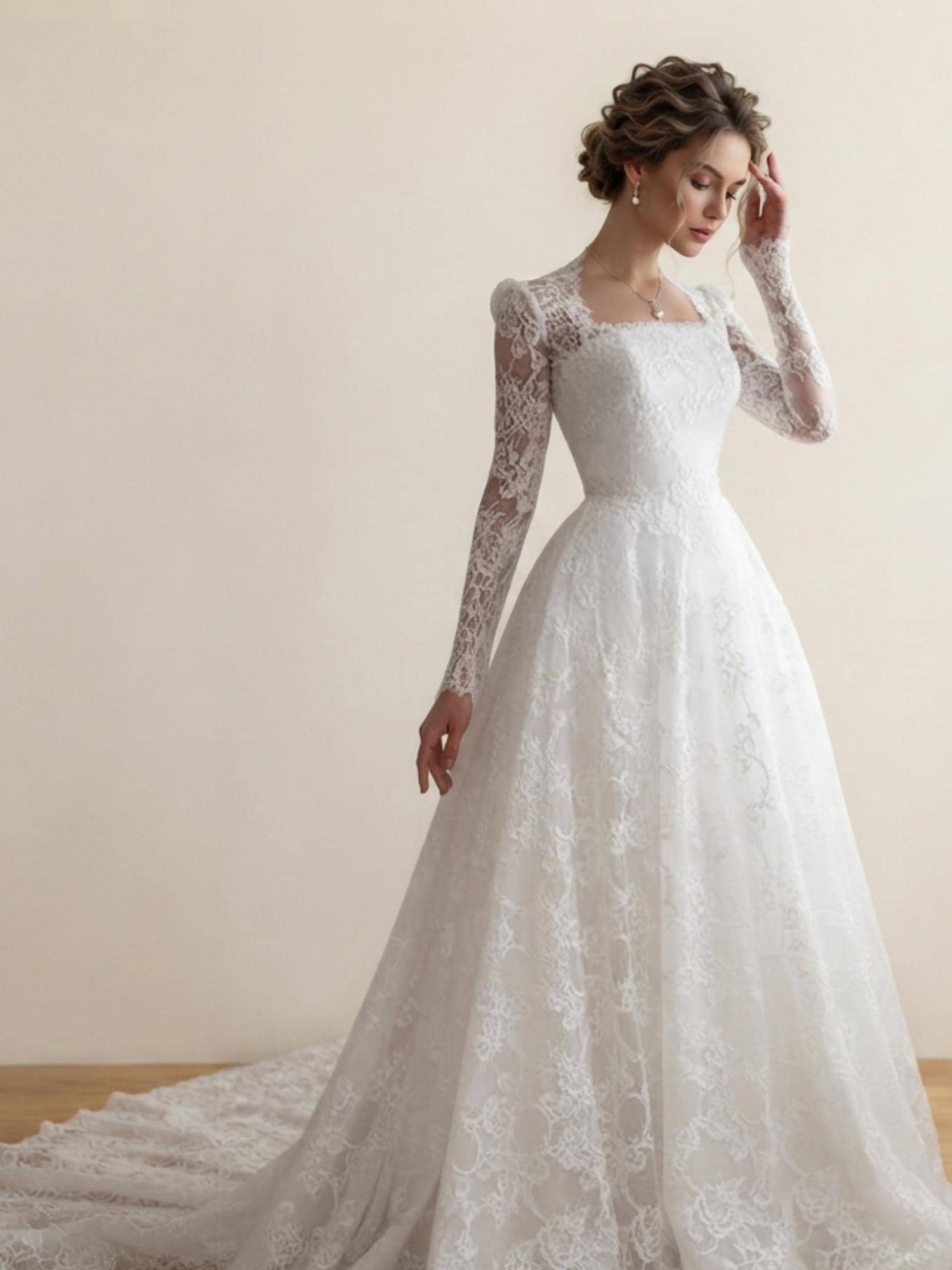 Boho Lace Wedding Dress A-Line Bridal Gown Square Neck Long Sleeve Wedding Dress Custom Rustic Garden Bride Dress - image 5