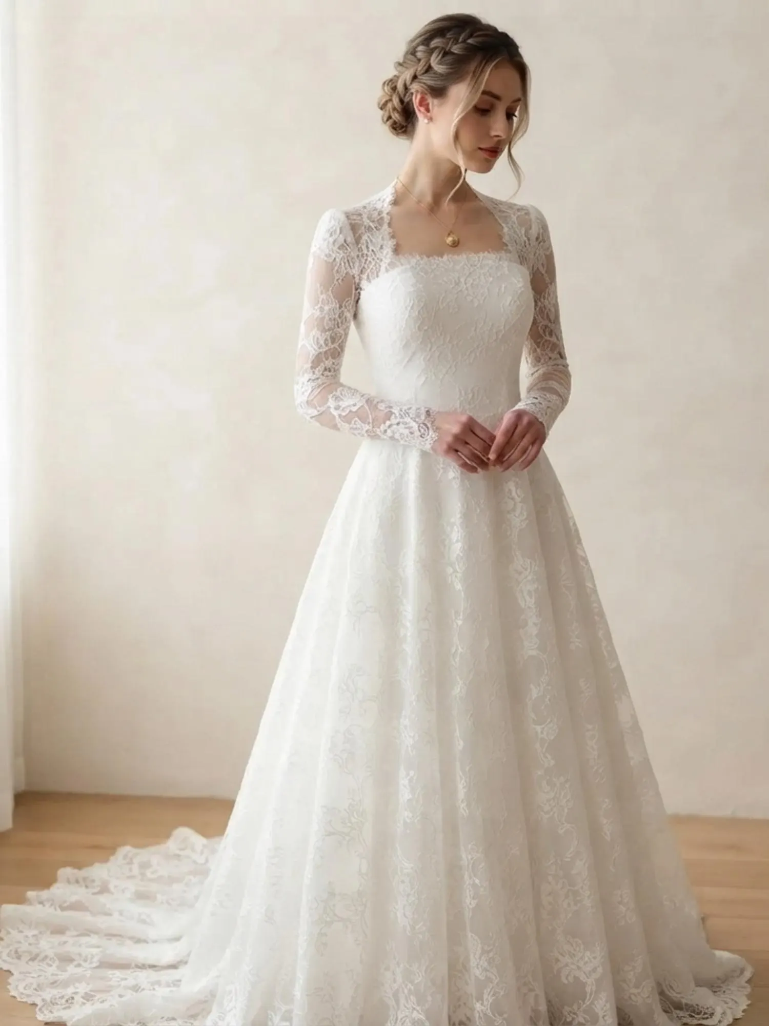 Boho Lace Wedding Dress A-Line Bridal Gown Square Neck Long Sleeve Wedding Dress Custom Rustic Garden Bride Dress - image 4