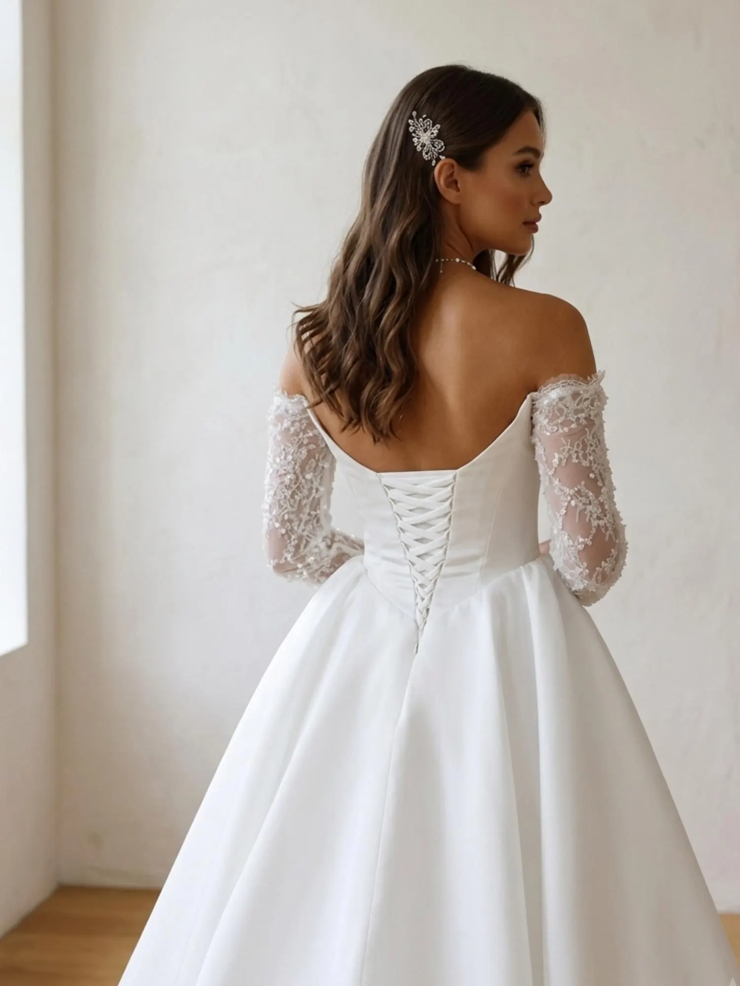 Custom Off Shoulder Satin Wedding Dress A-Line Bridal Gown Long Lace Sleeves Side Slit Lace Up Back Bride Dress - image 3