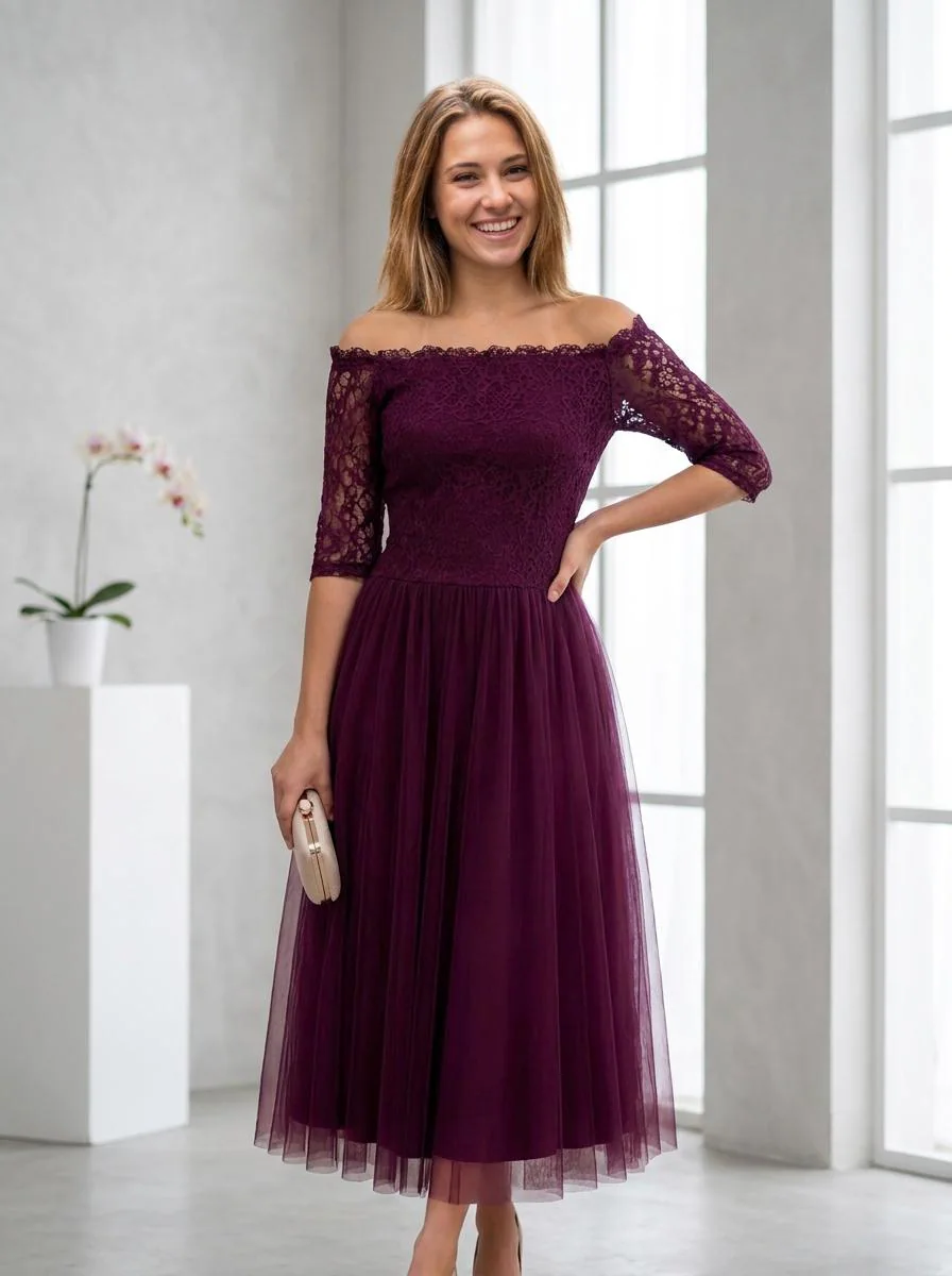 Off Shoulder Lace Midi Dress, Plum Burgundy Tulle Evening Gown, Elegant Pleated Wedding Guest Dress, Custom Tea Length Cocktail Dress 2-26W