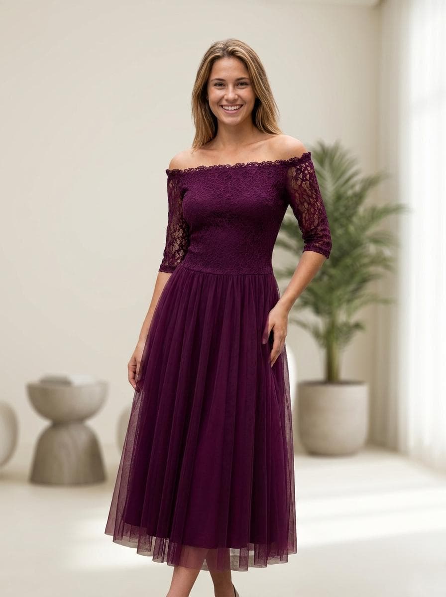 Off Shoulder Lace Midi Dress, Plum Burgundy Tulle Evening Gown, Elegant Pleated Wedding Guest Dress, Custom Tea Length Cocktail Dress 2-26W - image 5