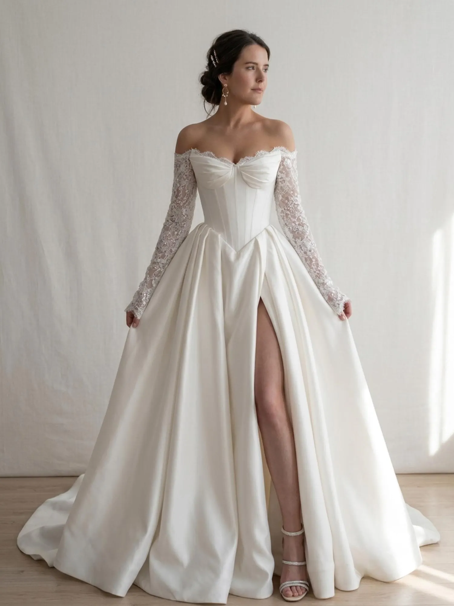 Custom Off Shoulder Satin Wedding Dress A-Line Bridal Gown Long Lace Sleeves Side Slit Lace Up Back Bride Dress