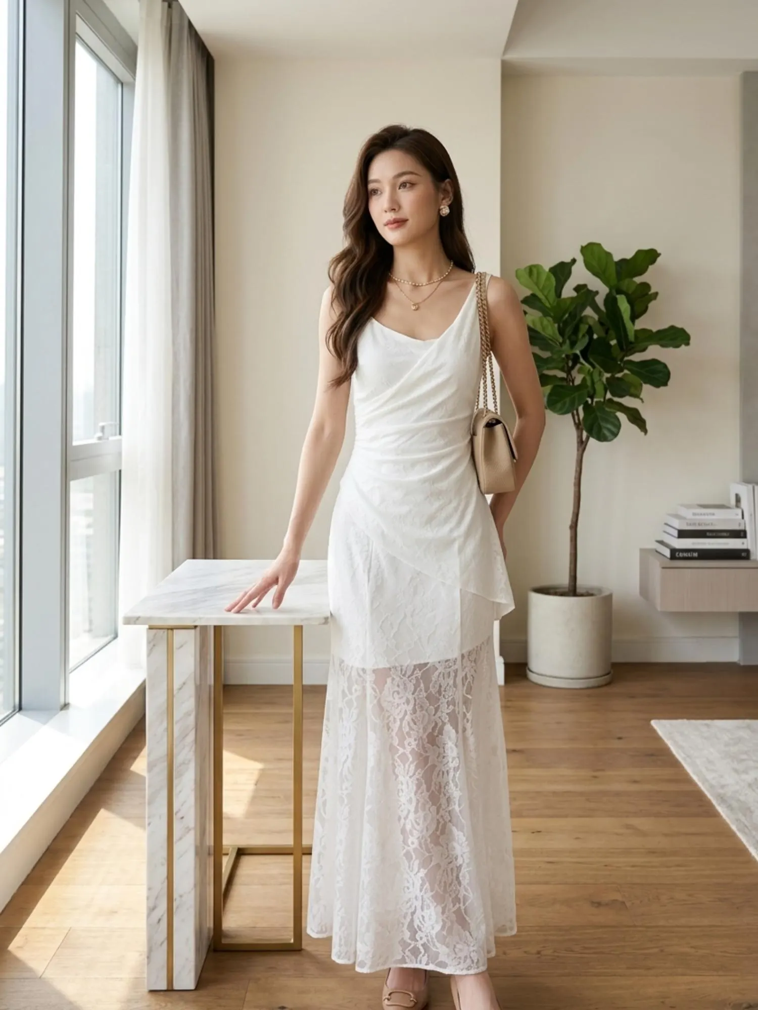 White Lace Maxi Dress, Spaghetti Strap Summer Dress, High Waist Bodycon Vacation Dress, French Elegant Long Beach Dress