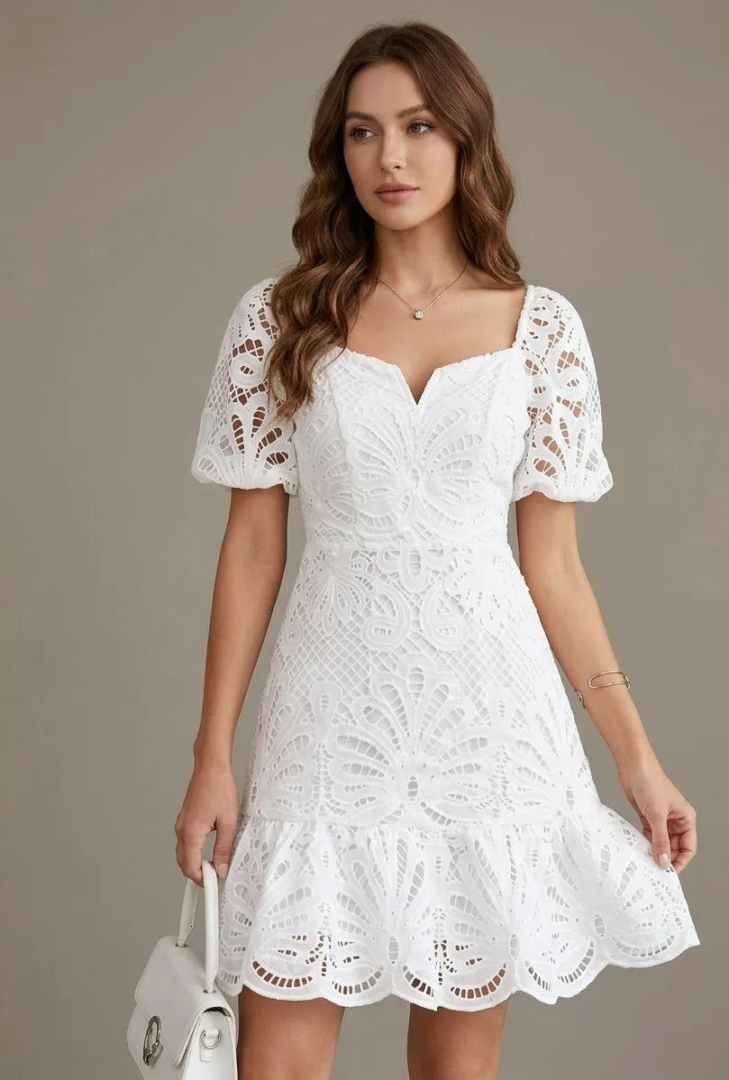 White Lace Mini Dress - A-Line Hollow Out Bridal Shower Outfit for Summer
