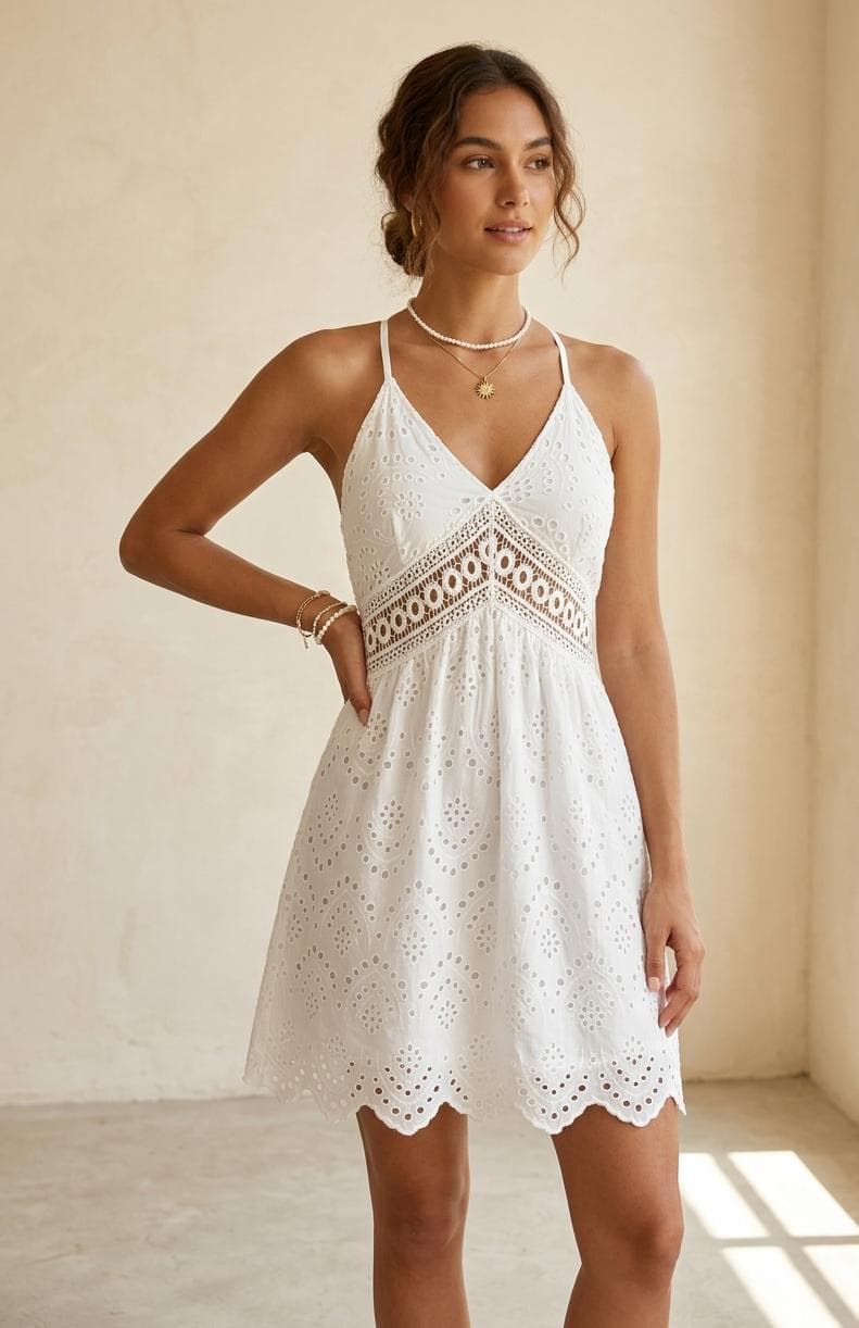 Eyelet Embroidery V-Neck Spaghetti Strap Dress, Boho Crochet Lace Backless A-Line Summer Outfit - image 4