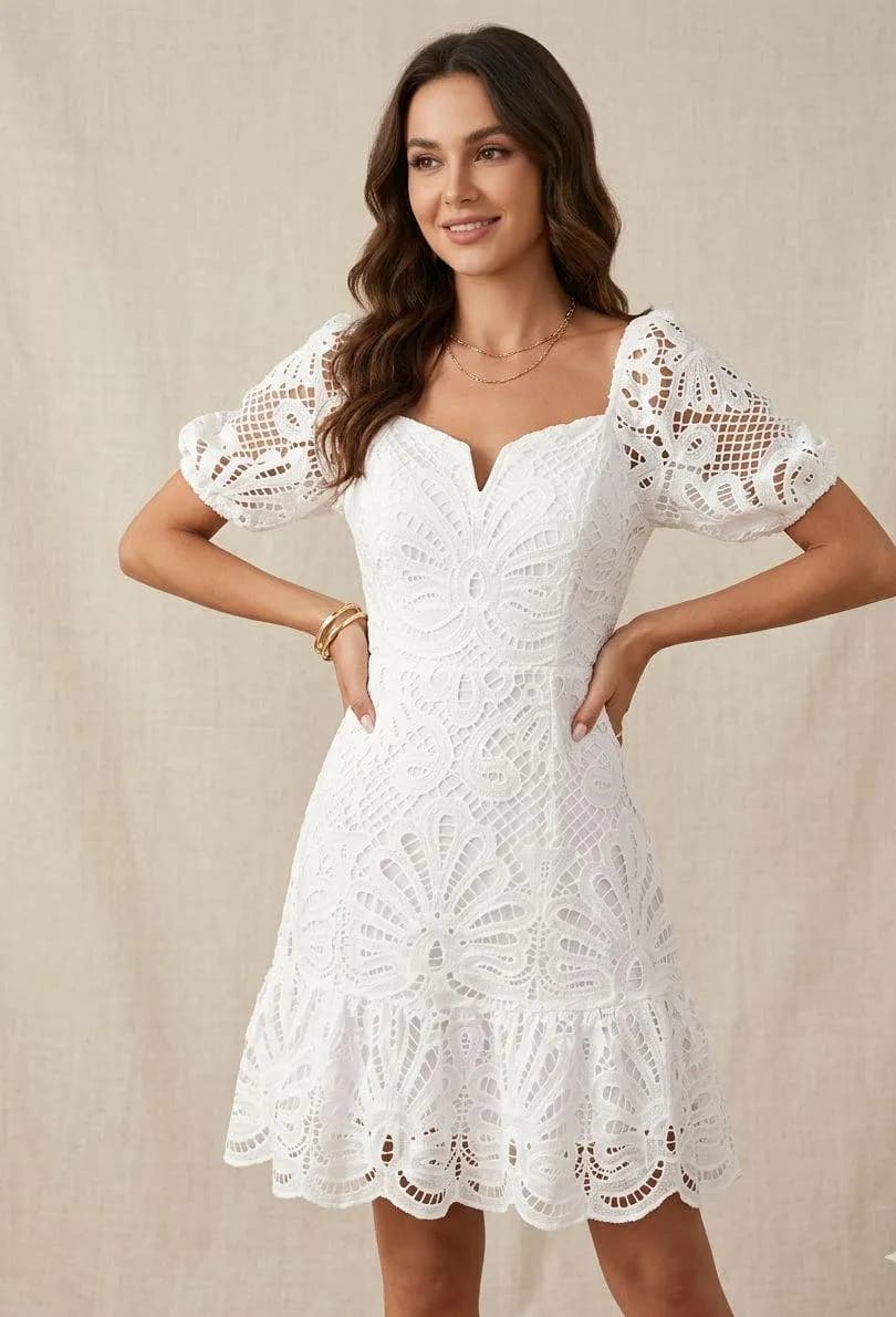 White Lace Mini Dress - A-Line Hollow Out Bridal Shower Outfit for Summer - image 3