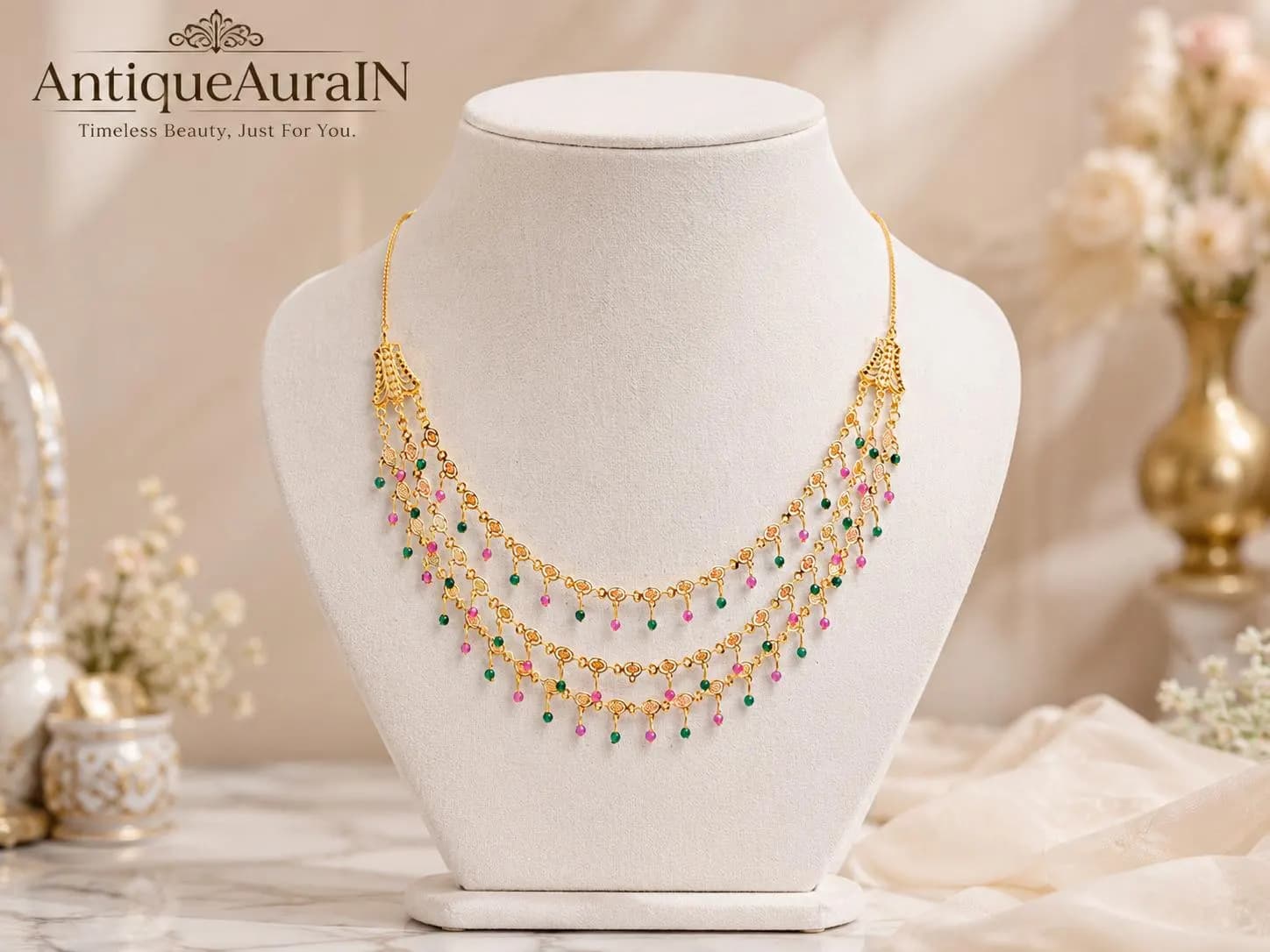 Gold Tone Layered Necklace, Pink Green Bead Dangling Charm, Traditional Indian Festive Jewelry - image 2