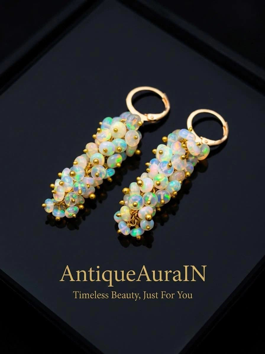 Natural Ethiopian Opal Cluster Dangle Earrings, Gold-Tone Brass Leverback, Handmade Grape Silhouette, Multi Fire Opal Earrings, Opals stone