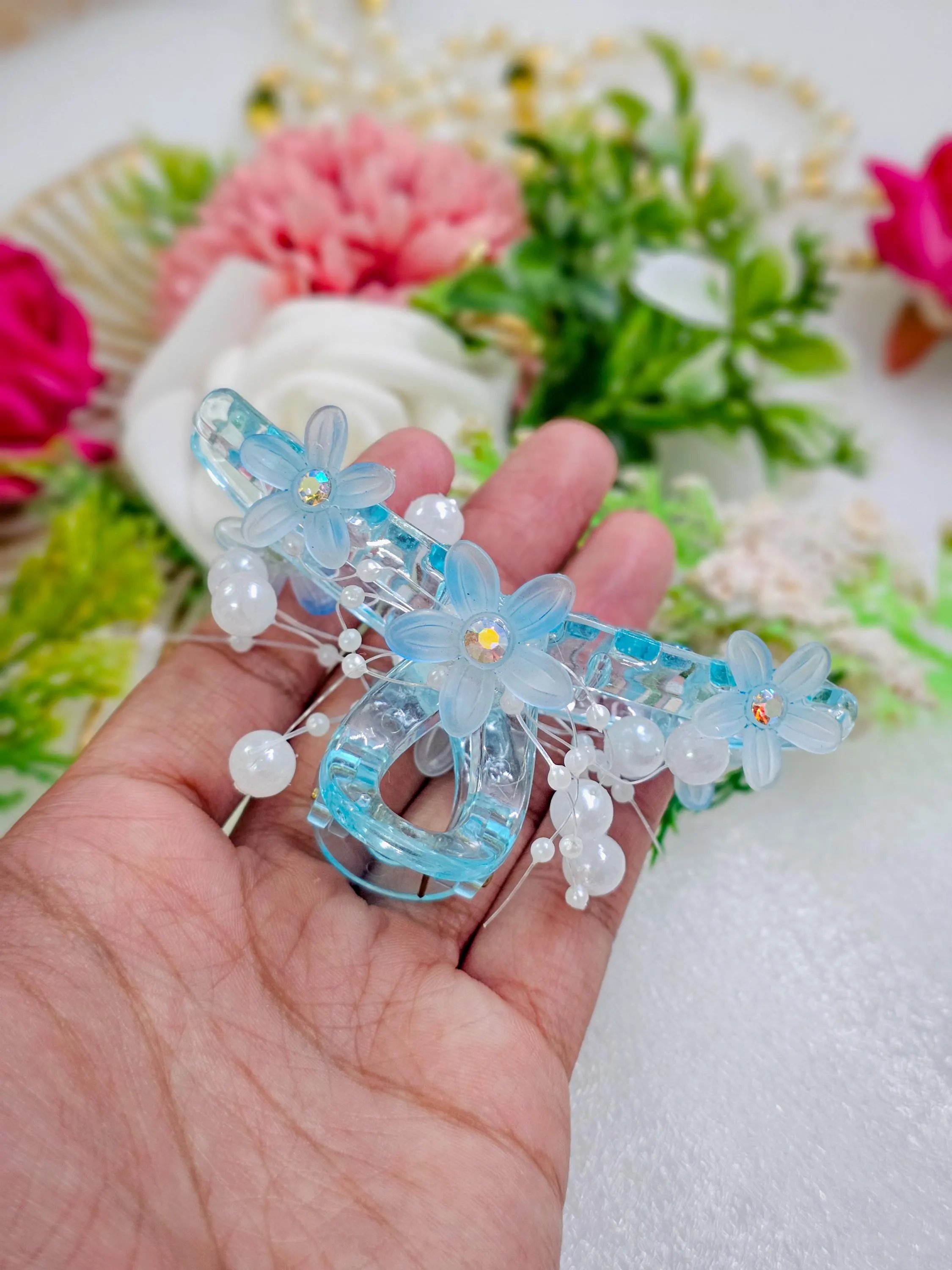 Icy Blue Flower Hair Claw Clip With Faux Pearl Beads, Floral Hair Claws Clips, Summer Beach Claw Clip, Fairycore Gift for Her