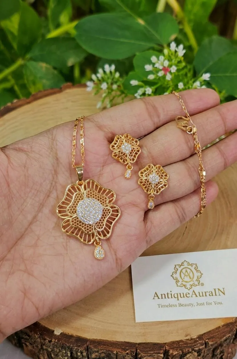 Gold Tone Floral Jewelry Set, Ornate Filigree Pendant Necklace, CZ Stud Earrings, Antique Style