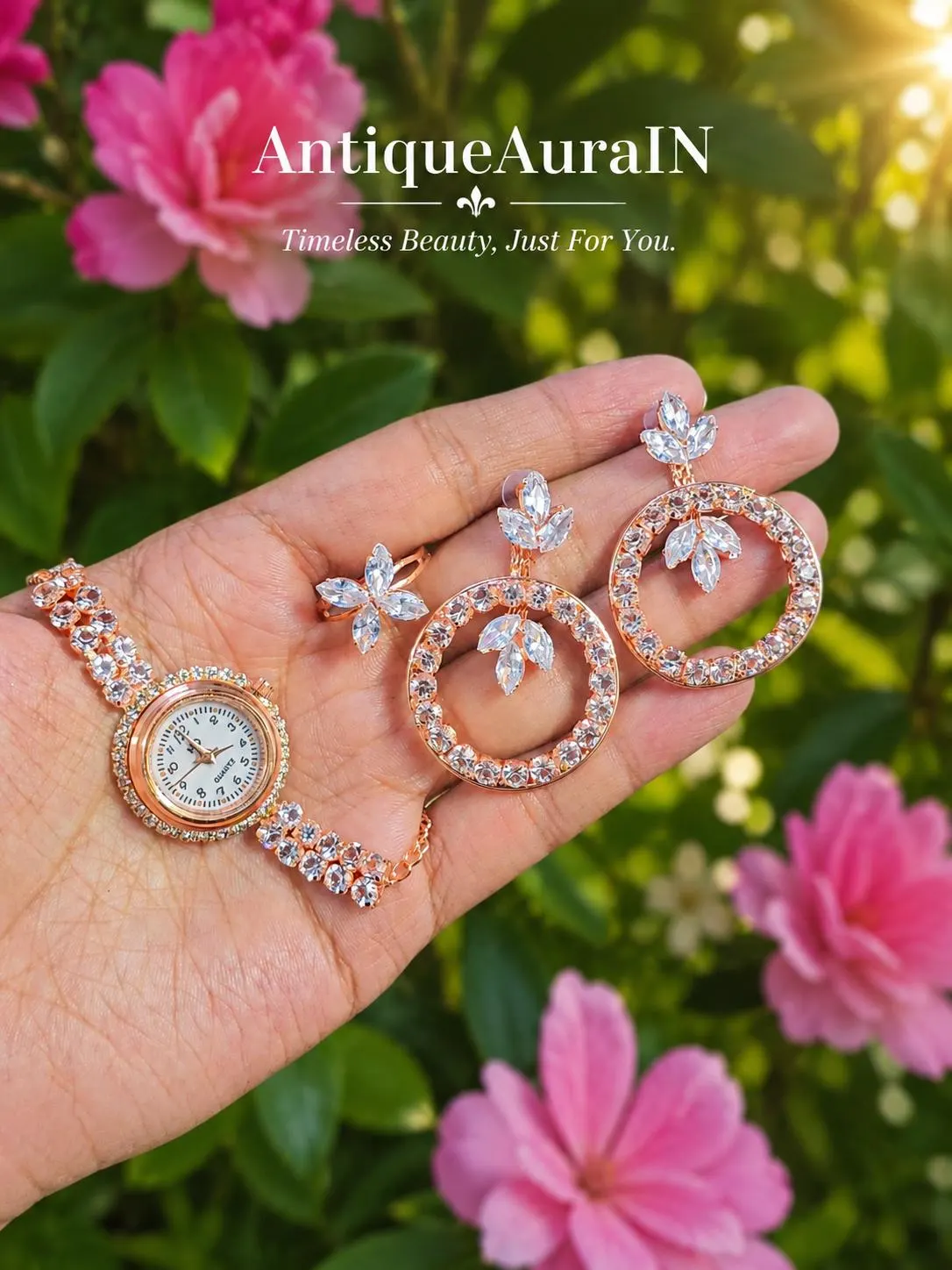 Rose Gold Bridal Jewelry Set with Watch, Crystal Marquise Floral Earrings & Ring, Zircon Wedding Jewelry Set, Gift for Her, Bridesmaid - image 2