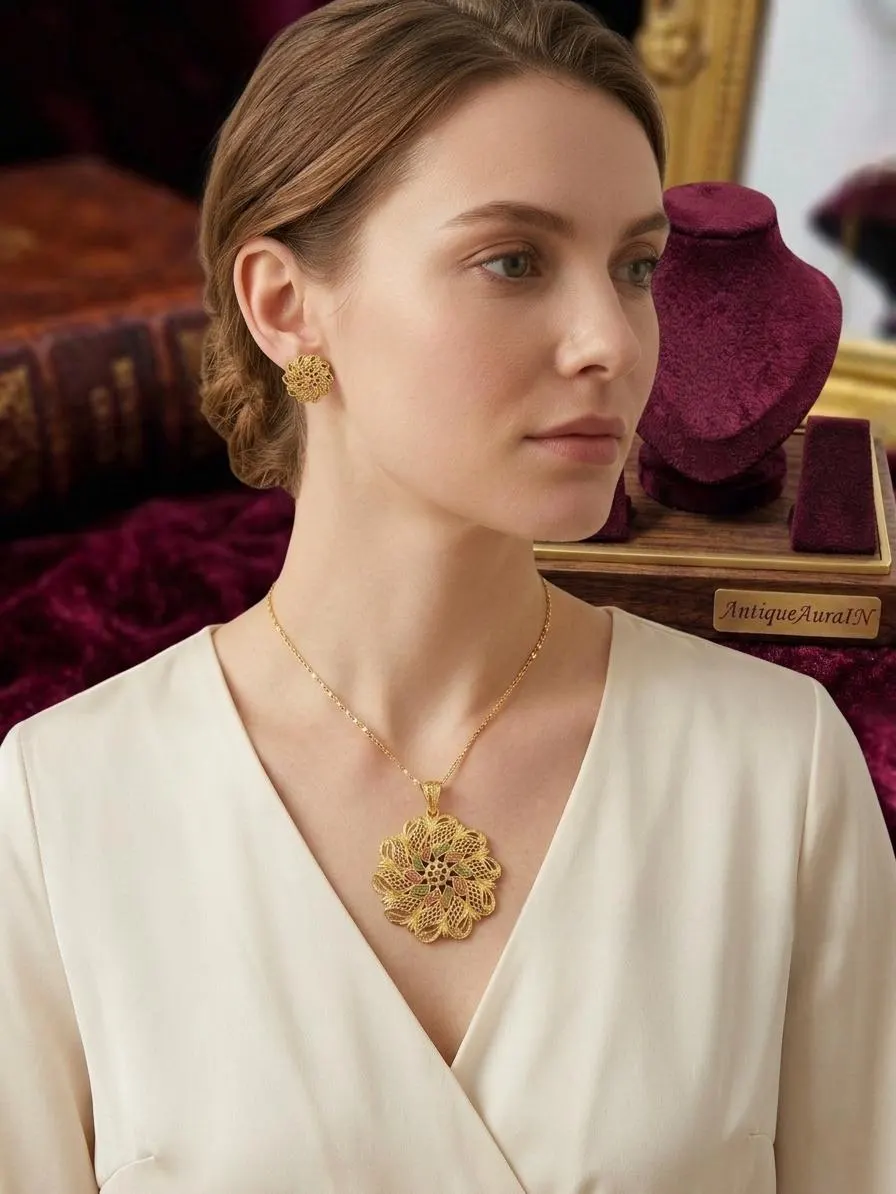 Gold Tone Filigree Mandala Necklace and Studs Set, Minakari Accent Pendant Earrings, Womens Necklace Set, Boho Floral Jewelry