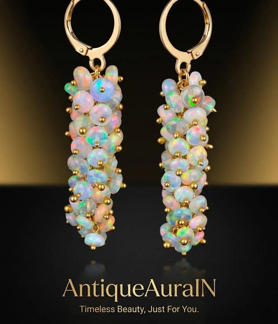 Natural Ethiopian Opal Cluster Dangle Earrings, Gold-Tone Brass Leverback, Handmade Grape Silhouette, Multi Fire Opal Earrings, Opals stone - image 3