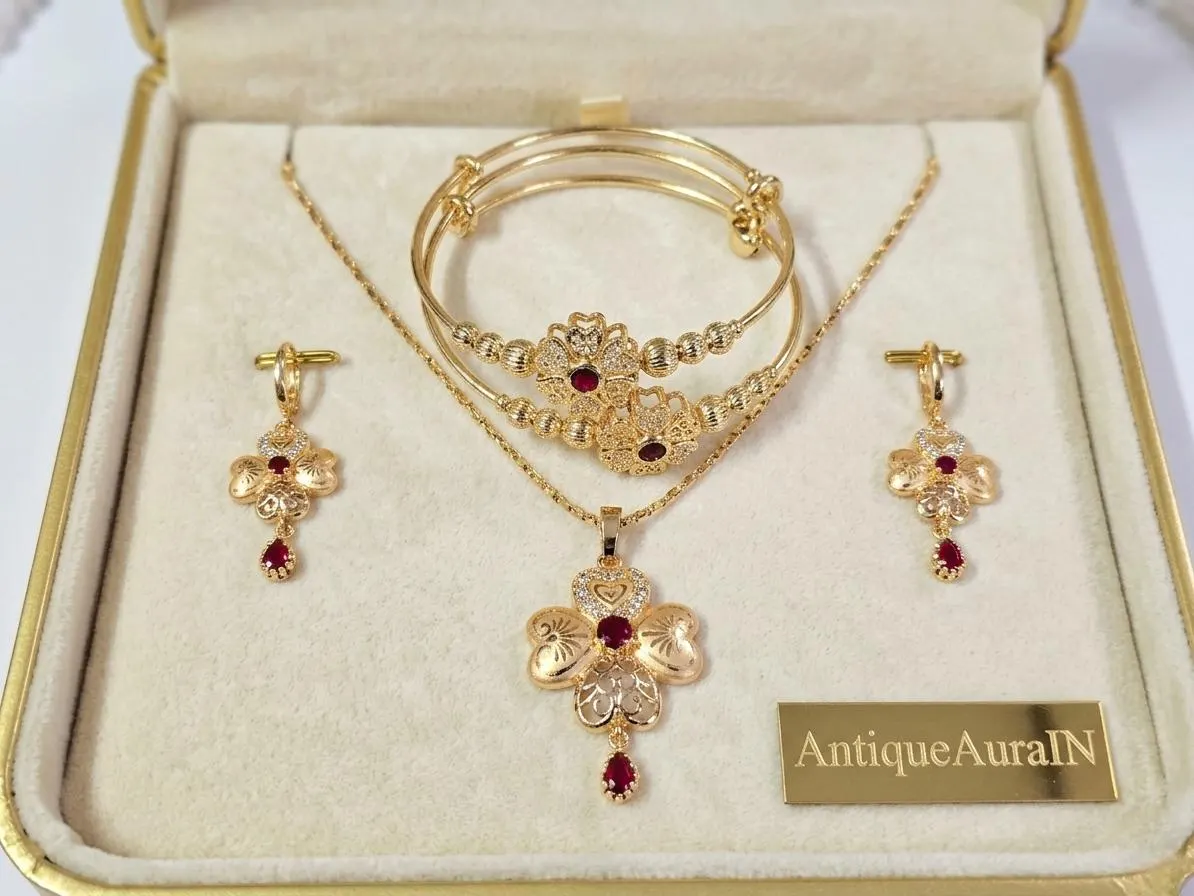 AAA Quality Jewelry Set, Pendant Earrings Or Bangles Bridal Jewelry Set, Ruby Red Stone Necklace Pendant, Gold Tone Filigree Jewelry For Her - image 4