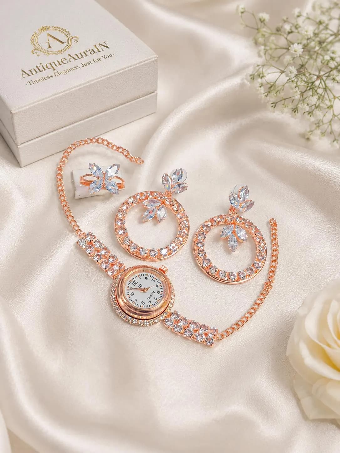 Rose Gold Bridal Jewelry Set with Watch, Crystal Marquise Floral Earrings & Ring, Zircon Wedding Jewelry Set, Gift for Her, Bridesmaid