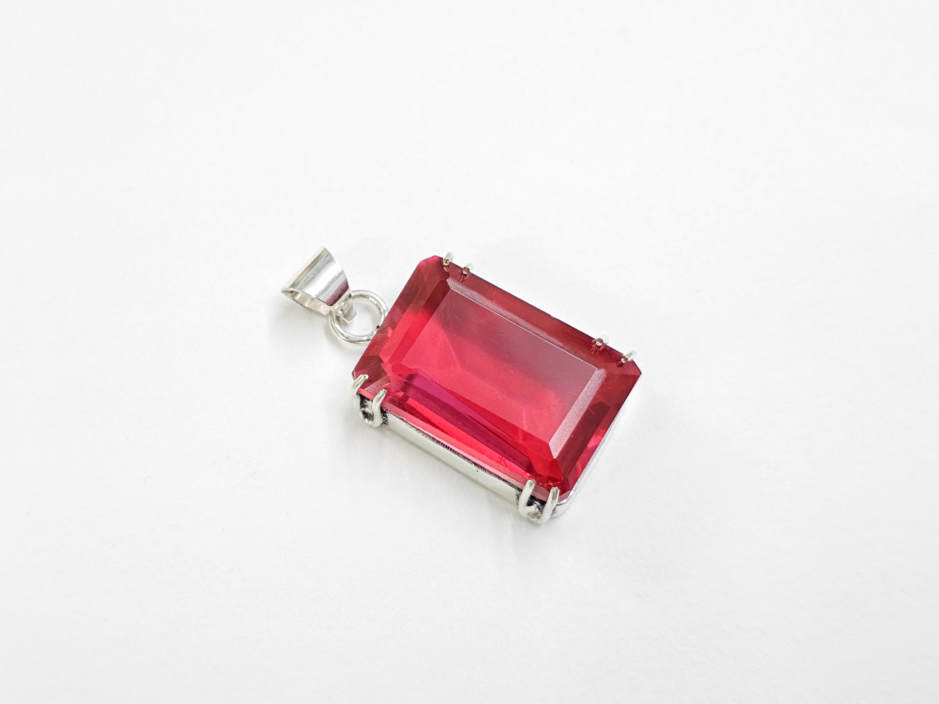 Red garnet charm pendant, Emerald cut gemstone necklace, Silver plated pendant, Vintage style statment jewelry, Handmade Gift for man/women - image 3