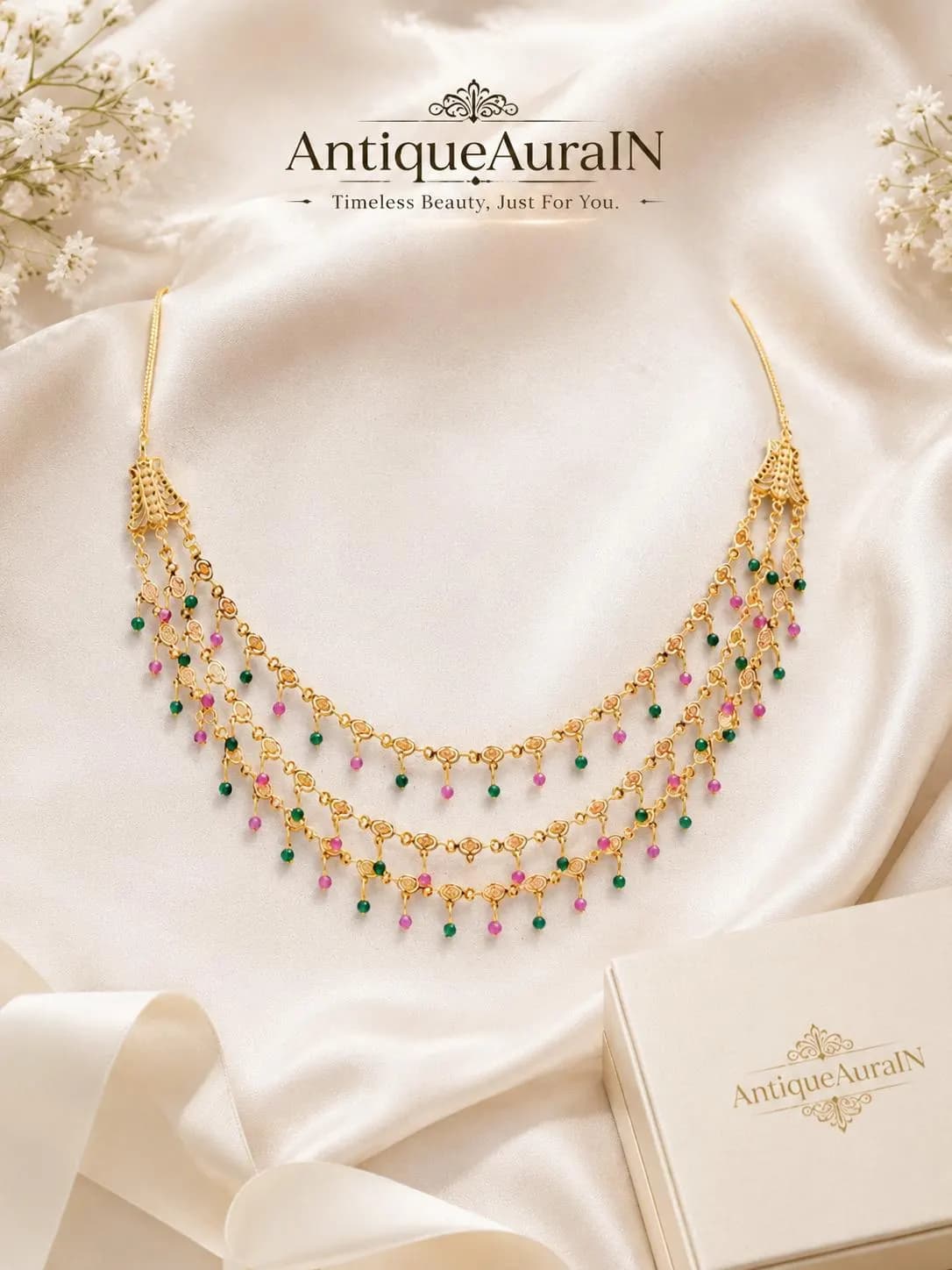 Gold Tone Layered Necklace, Pink Green Bead Dangling Charm, Traditional Indian Festive Jewelry - image 3