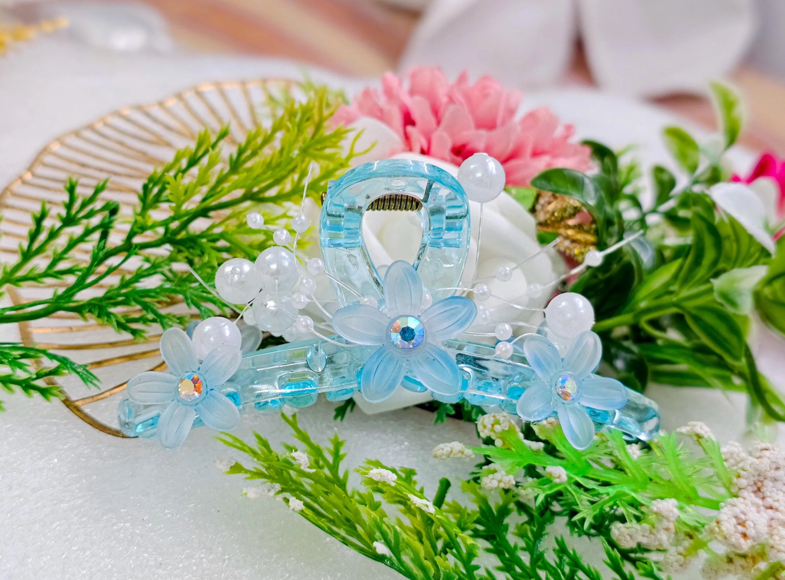 Icy Blue Flower Hair Claw Clip With Faux Pearl Beads, Floral Hair Claws Clips, Summer Beach Claw Clip, Fairycore Gift for Her - image 3