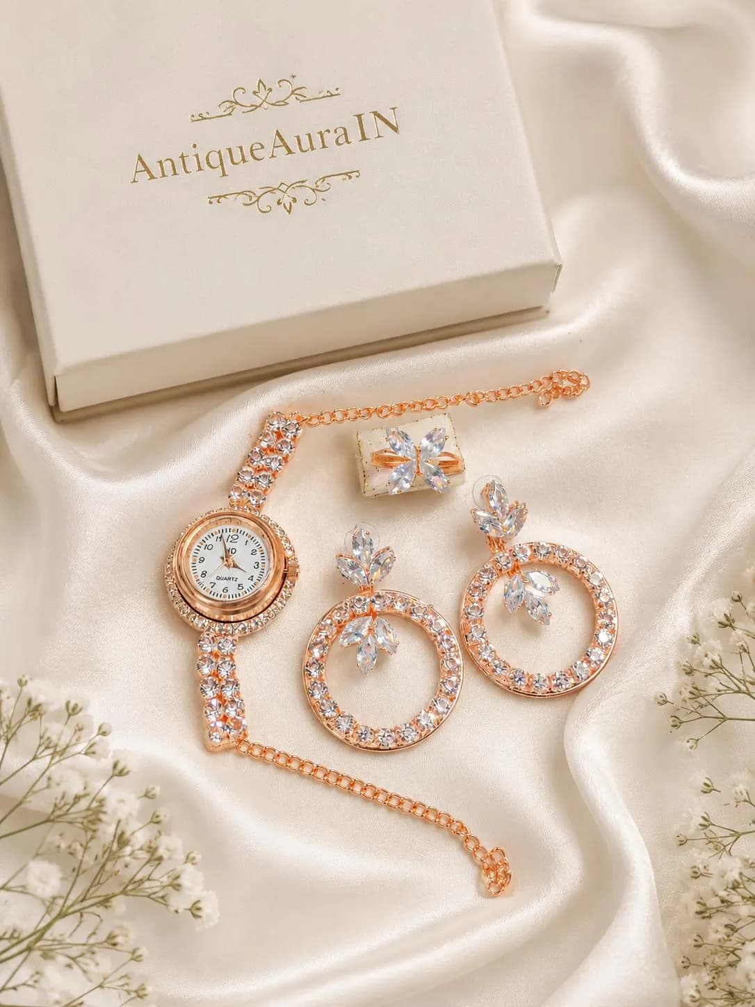 Rose Gold Bridal Jewelry Set with Watch, Crystal Marquise Floral Earrings & Ring, Zircon Wedding Jewelry Set, Gift for Her, Bridesmaid - image 3