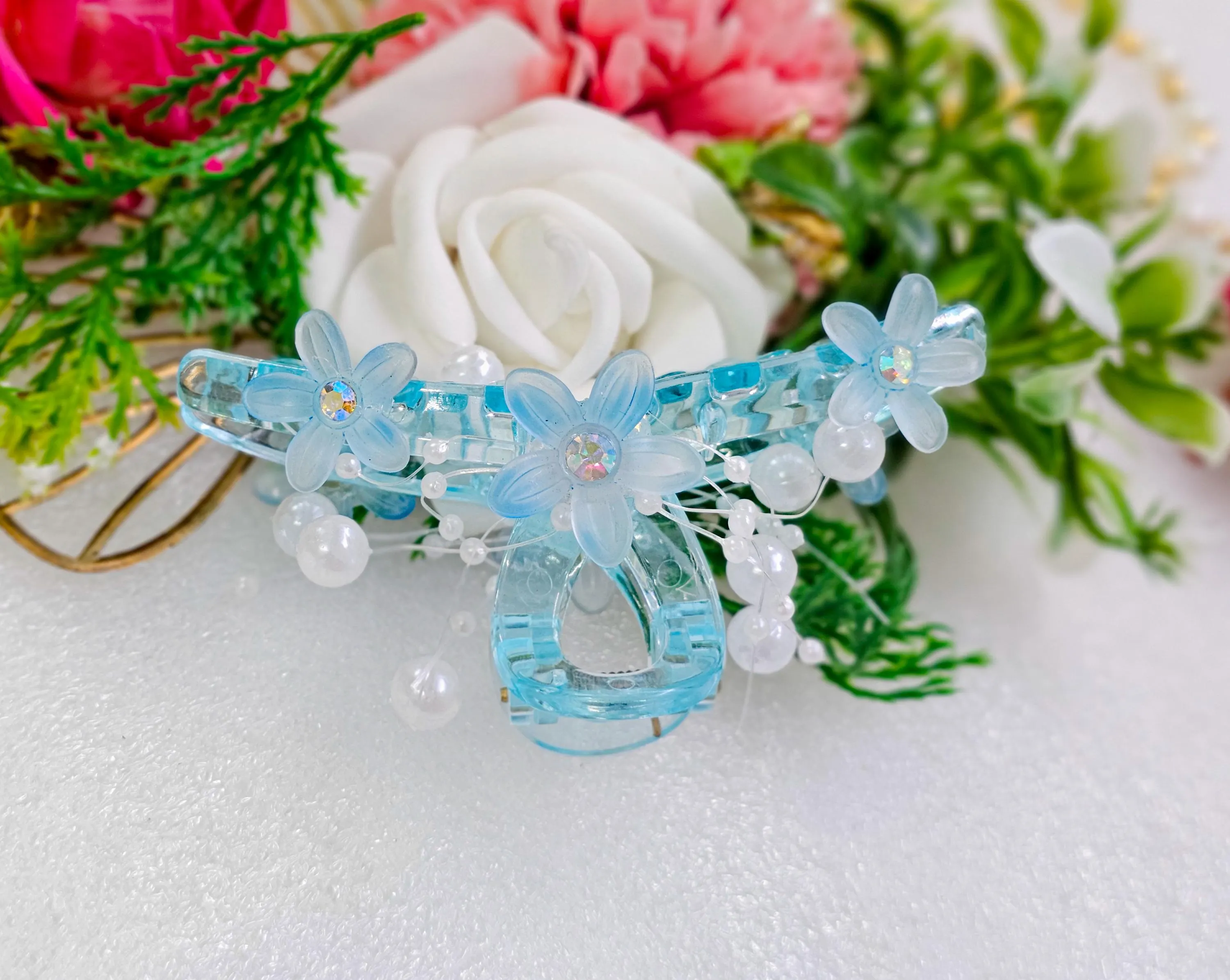 Icy Blue Flower Hair Claw Clip With Faux Pearl Beads, Floral Hair Claws Clips, Summer Beach Claw Clip, Fairycore Gift for Her - image 2