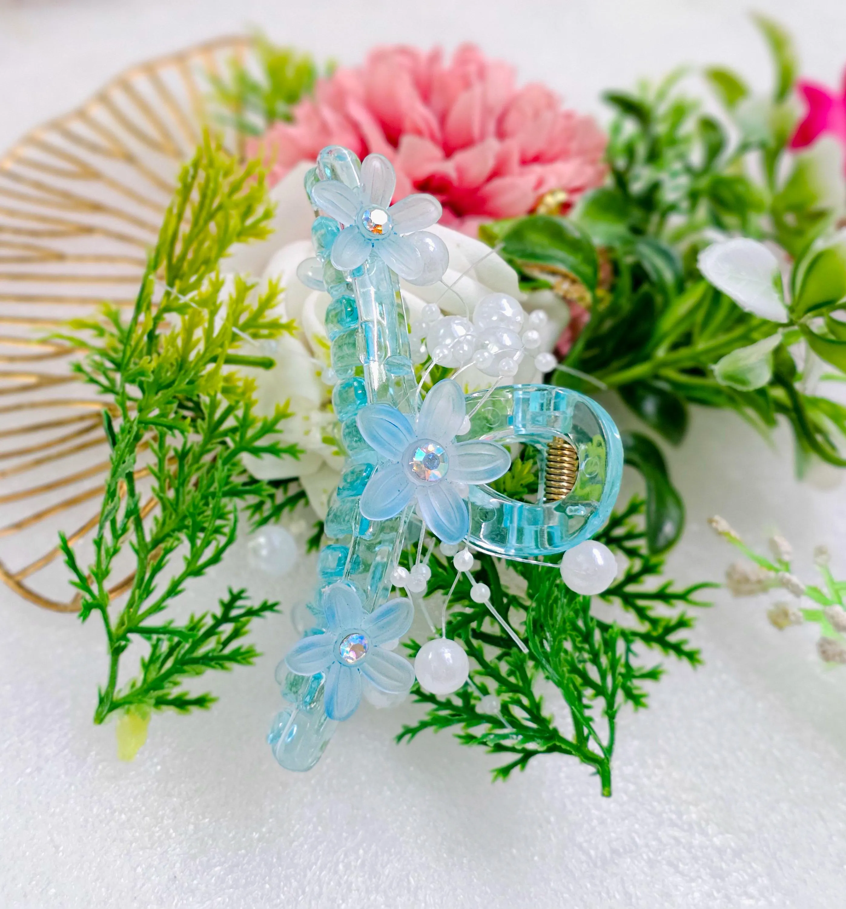 Icy Blue Flower Hair Claw Clip With Faux Pearl Beads, Floral Hair Claws Clips, Summer Beach Claw Clip, Fairycore Gift for Her - image 4