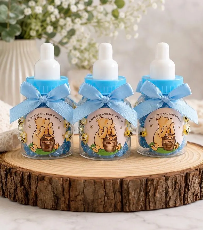 Winnie The Pooh Themed Baby Shower Bottles.  Honey, bees and baby dreams!