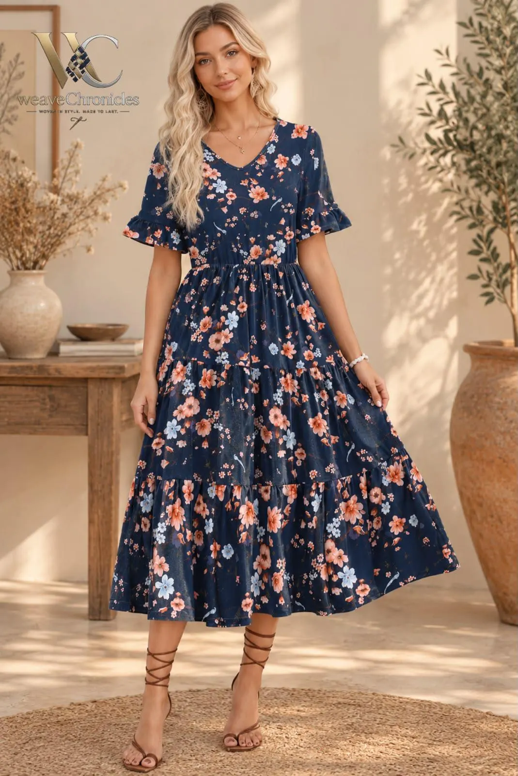 Womens Floral Midi Dress, Botanical Print Tiered Dress Boho, Summer Vacation Cottagecore Dress - image 3