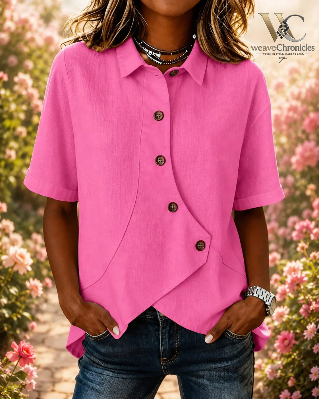 Irregular Hem Blouse Women's Button Front Shirt Casual Collared Tunic Relaxed Summer Top - image 3