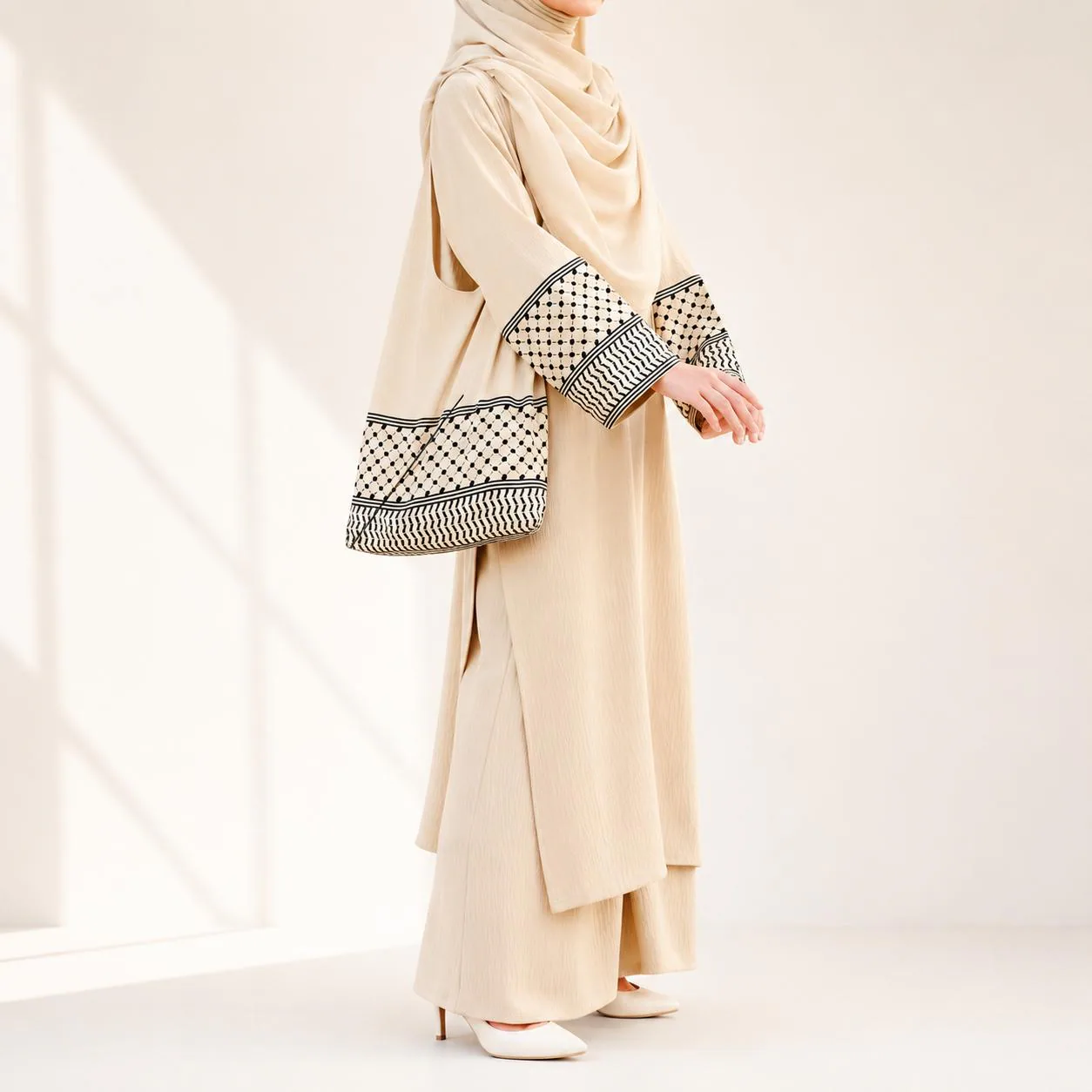 Cotton polyester 3-Piece Modest Outfit, Oversized Tunic, Wide Leg Pants, Matching Bag, Eid Gift