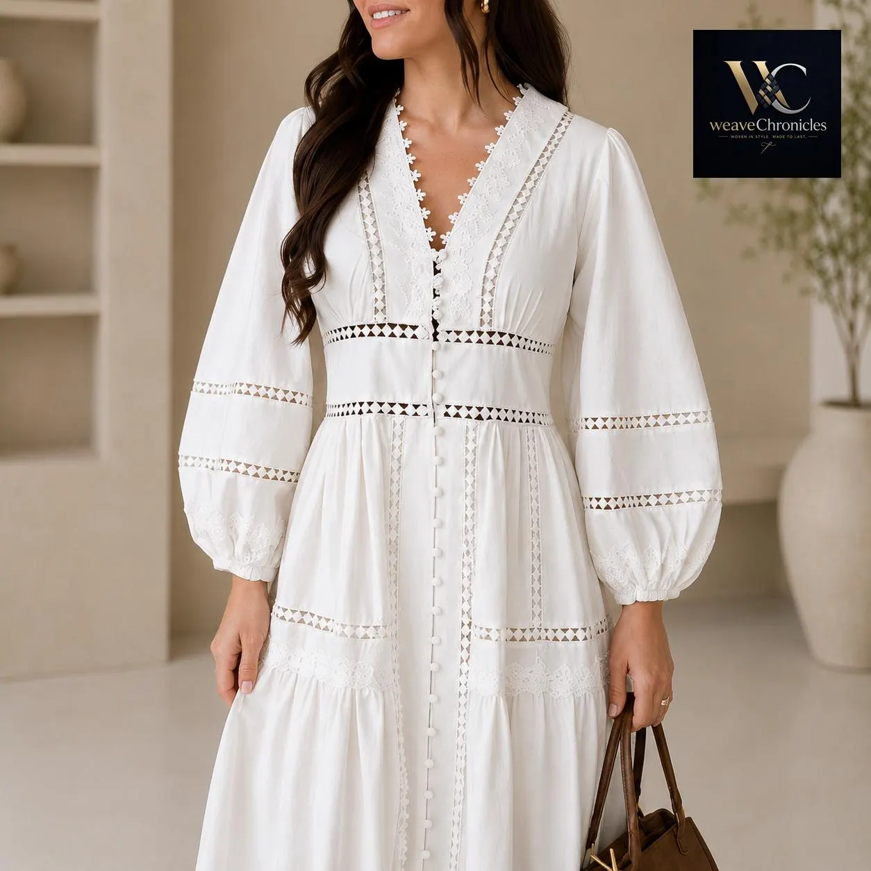 V Neck Lace Maxi Top, Long Sleeve Hollow Out Maxi Blouse, Women's Casual Polyester Dress - image 4