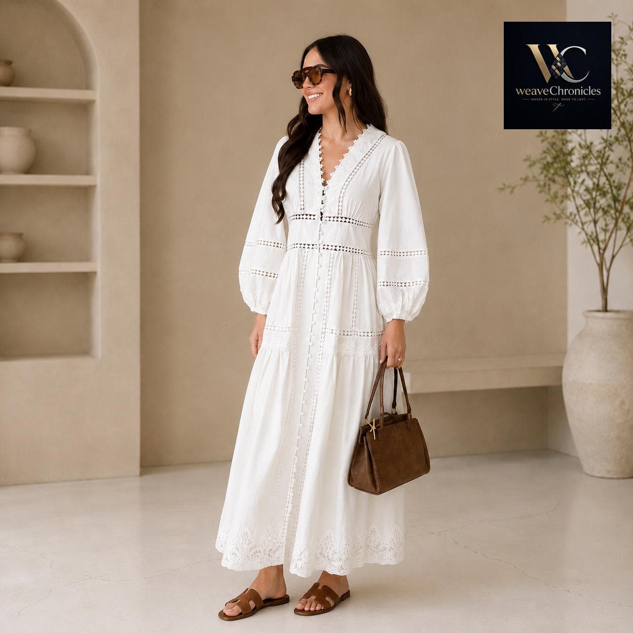 V Neck Lace Maxi Top, Long Sleeve Hollow Out Maxi Blouse, Women's Casual Polyester Dress