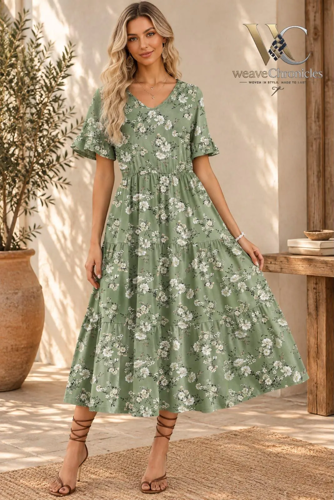 Womens Floral Midi Dress, Botanical Print Tiered Dress Boho, Summer Vacation Cottagecore Dress - image 2