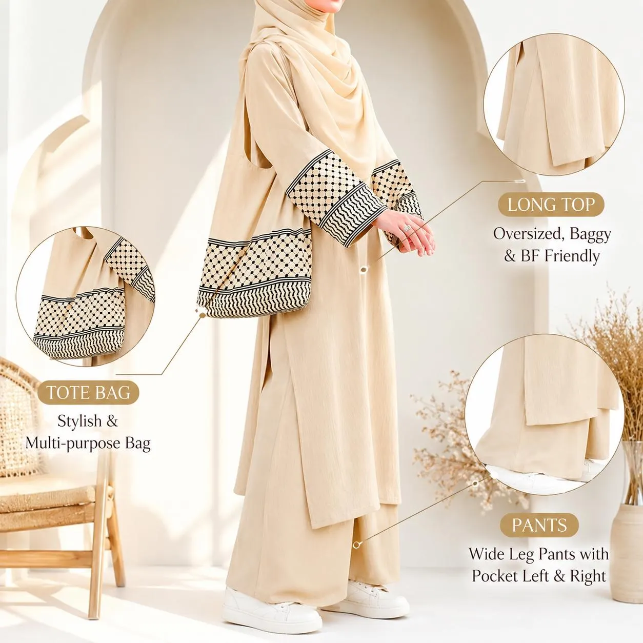 Cotton polyester 3-Piece Modest Outfit, Oversized Tunic, Wide Leg Pants, Matching Bag, Eid Gift - image 4