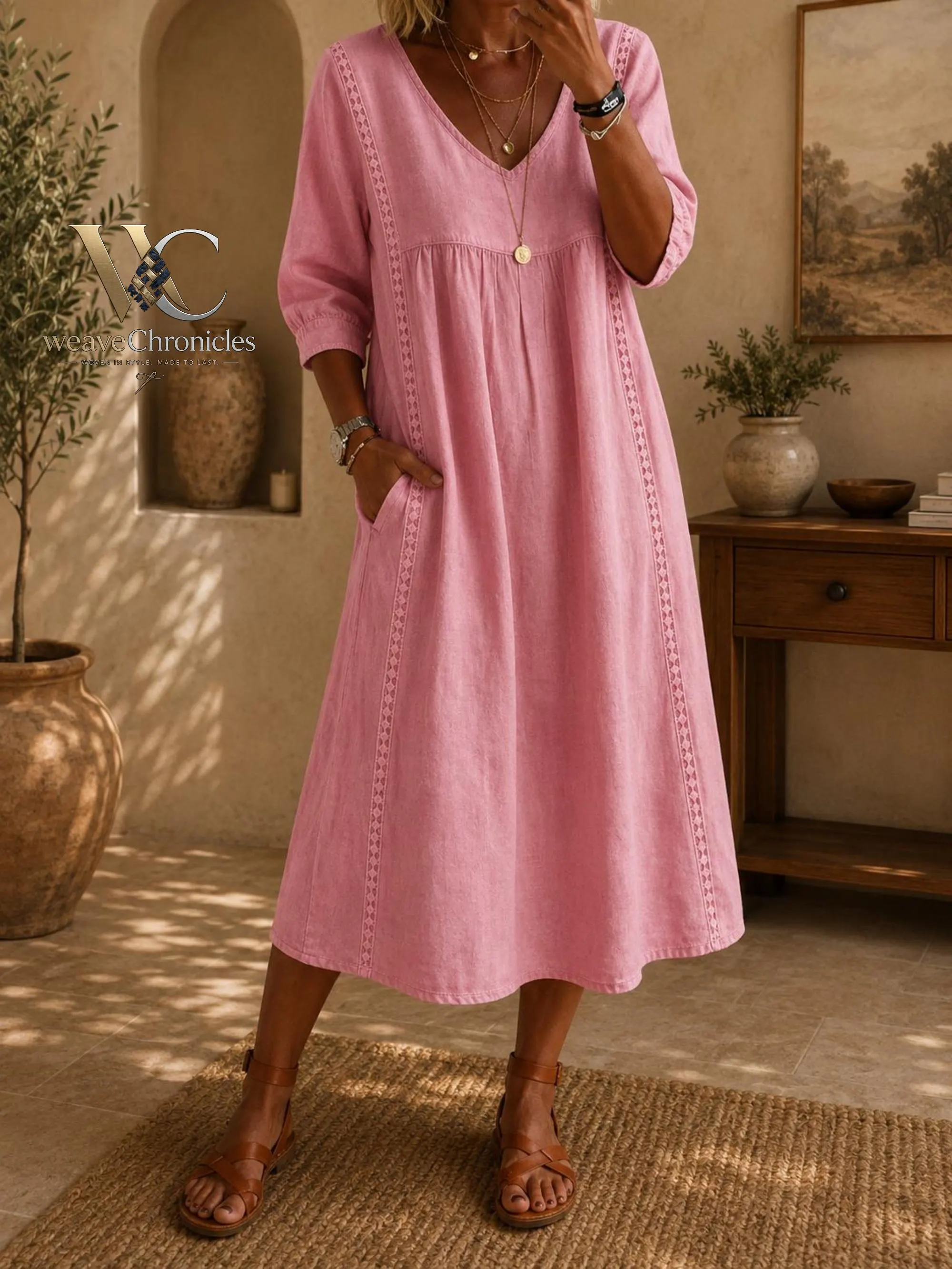Cotton Linen Midi Dress, Boho, A Line Summer Dress, Loose Fit Cover Up, Cottagecore Outfit - image 3