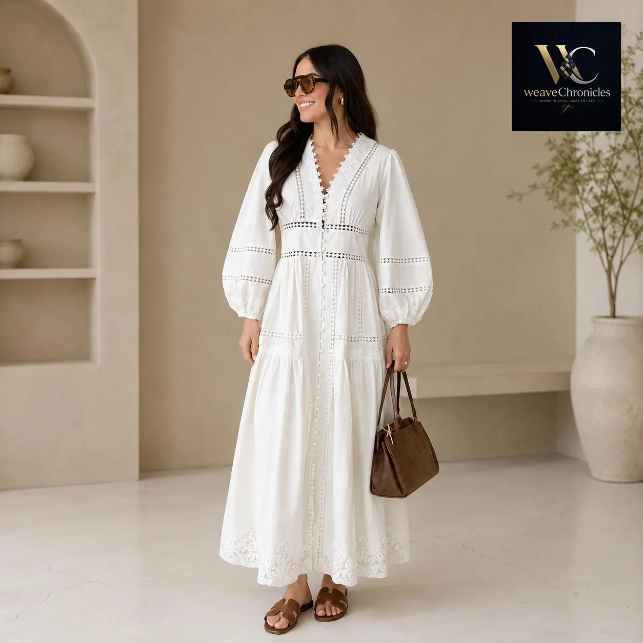 V Neck Lace Maxi Top, Long Sleeve Hollow Out Maxi Blouse, Women's Casual Polyester Dress - image 2