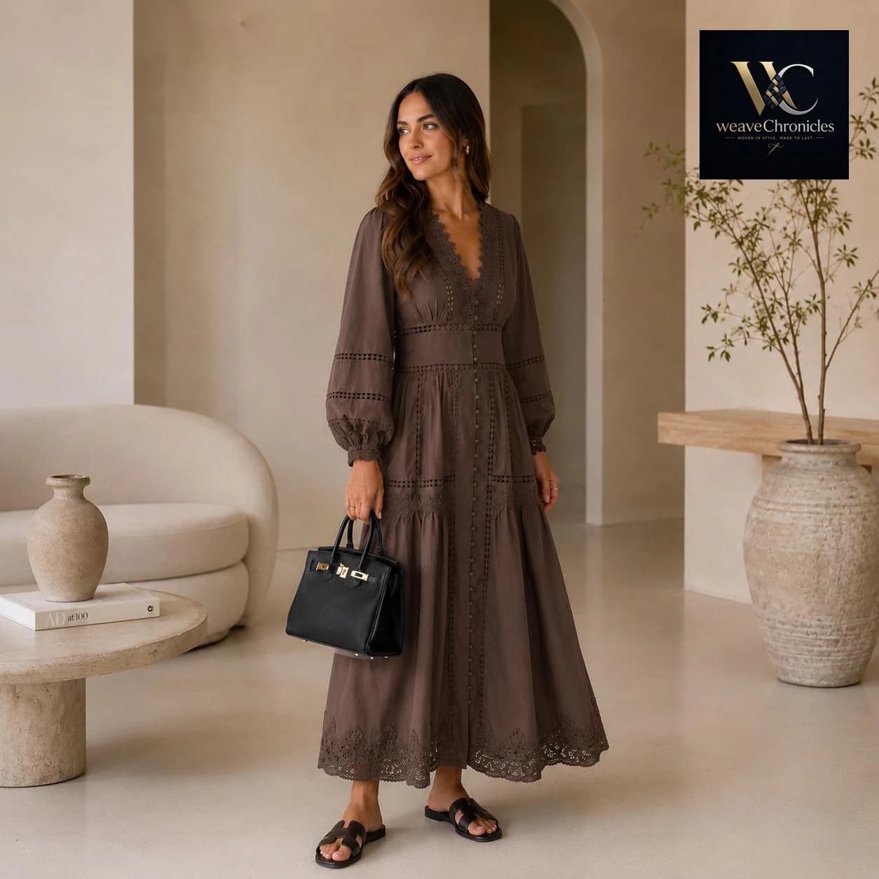 V Neck Lace Maxi Top, Long Sleeve Hollow Out Maxi Blouse, Women's Casual Polyester Dress - image 5