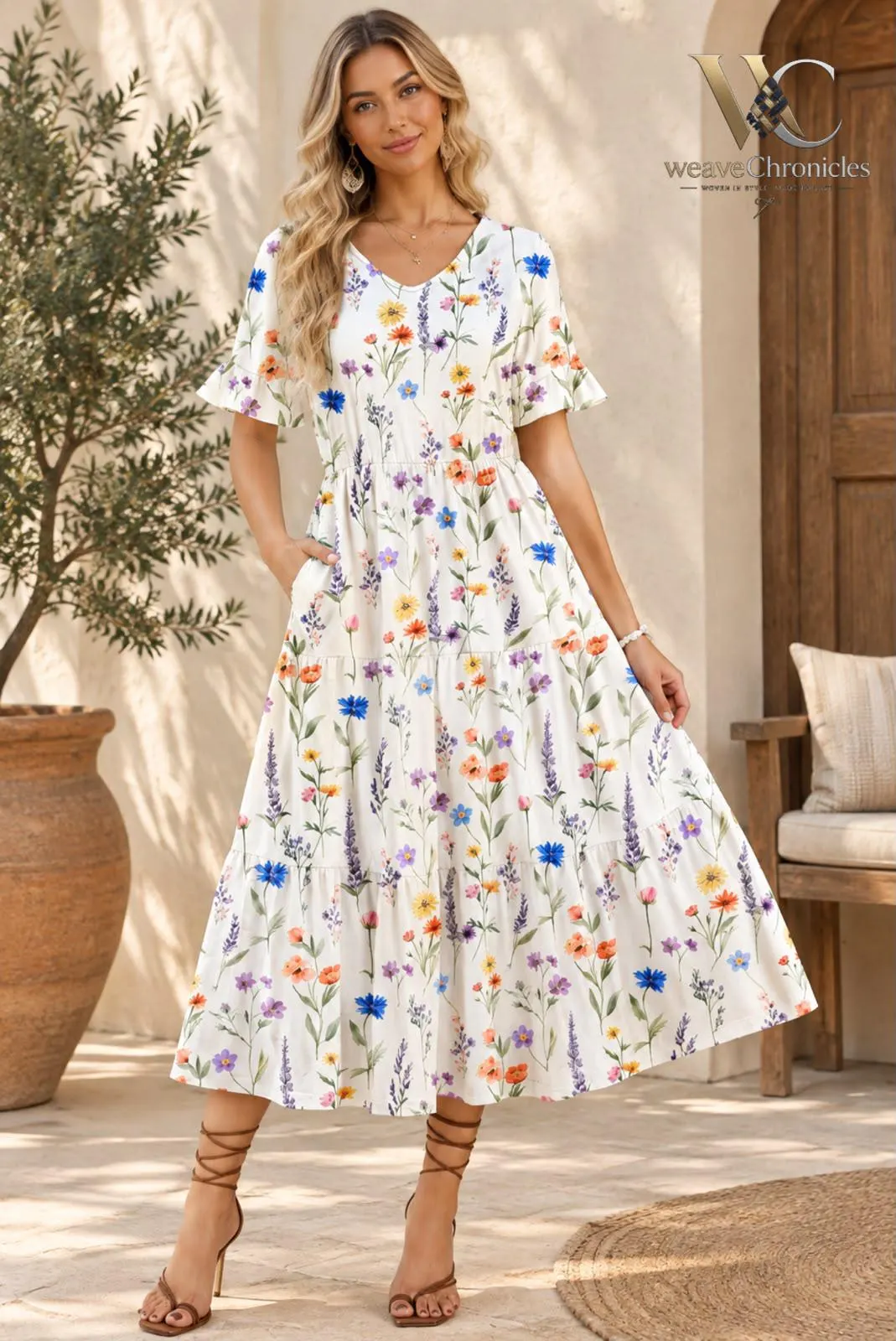 Womens Floral Midi Dress, Botanical Print Tiered Dress Boho, Summer Vacation Cottagecore Dress - image 4