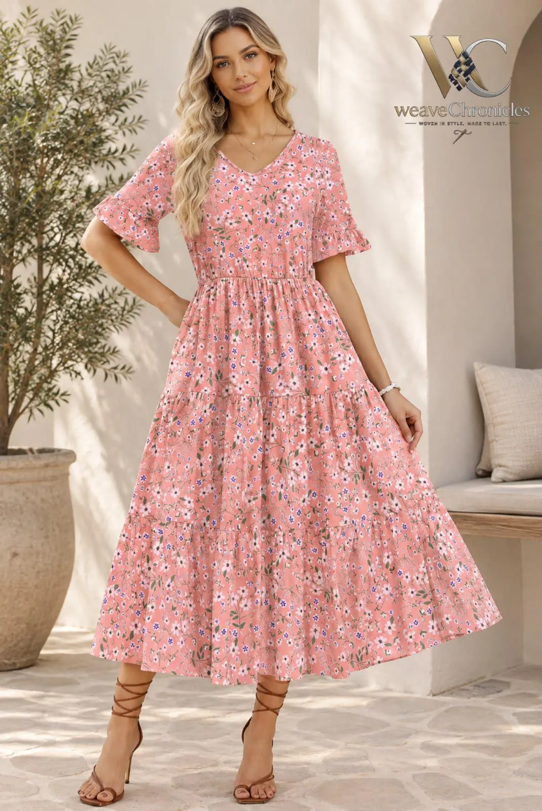 Womens Floral Midi Dress, Botanical Print Tiered Dress Boho, Summer Vacation Cottagecore Dress