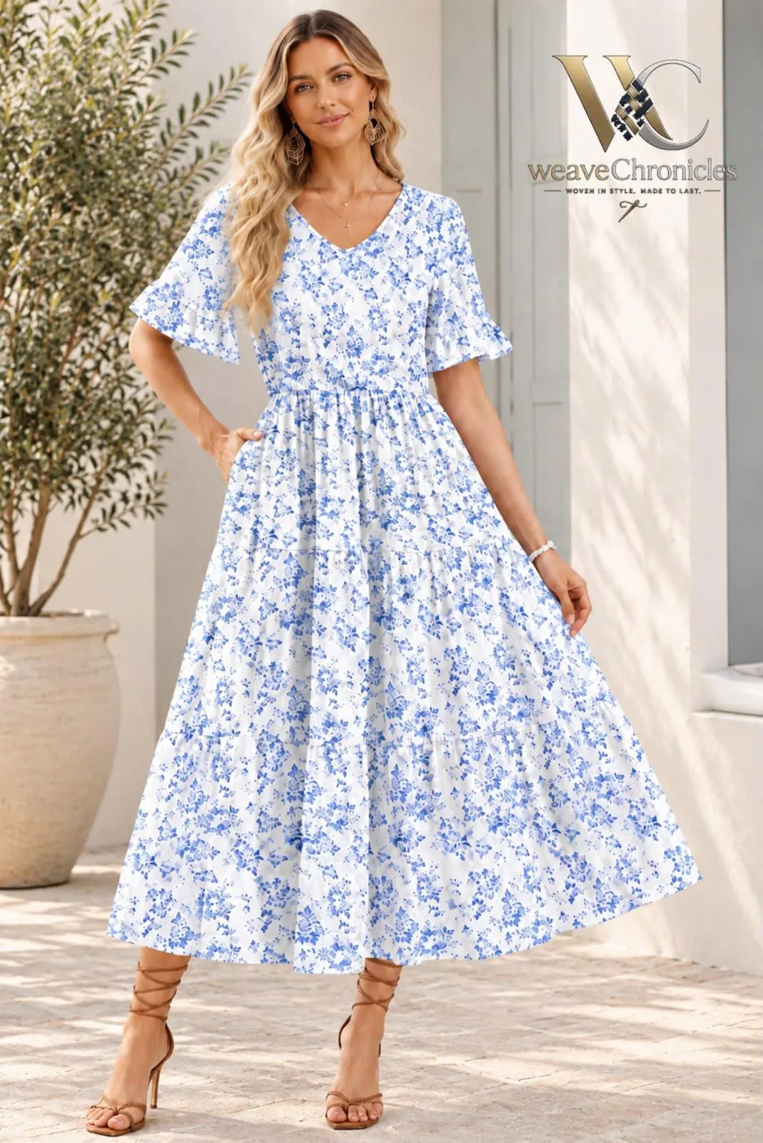 Womens Floral Midi Dress, Botanical Print Tiered Dress Boho, Summer Vacation Cottagecore Dress - image 5