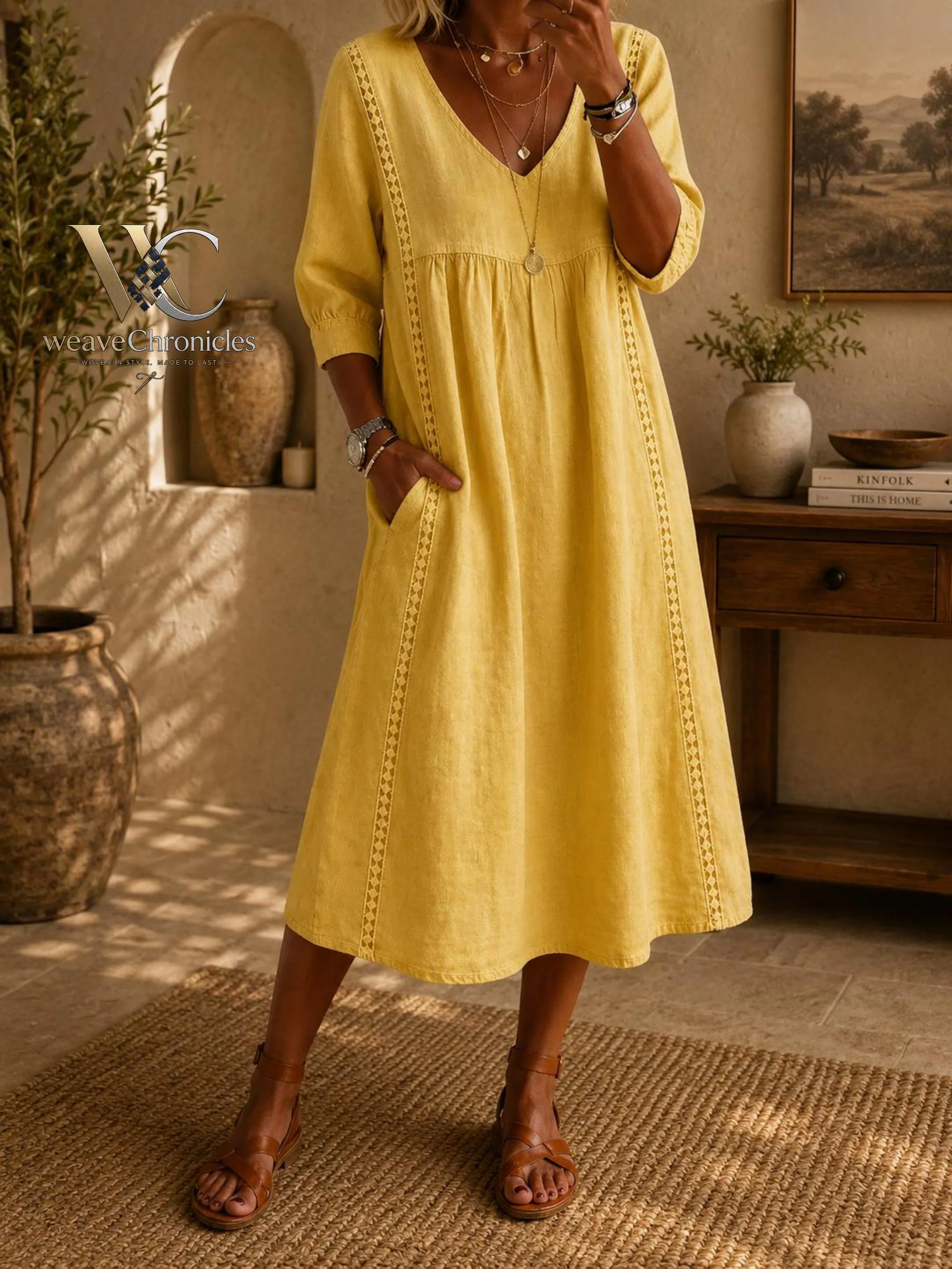 Cotton Linen Midi Dress, Boho, A Line Summer Dress, Loose Fit Cover Up, Cottagecore Outfit