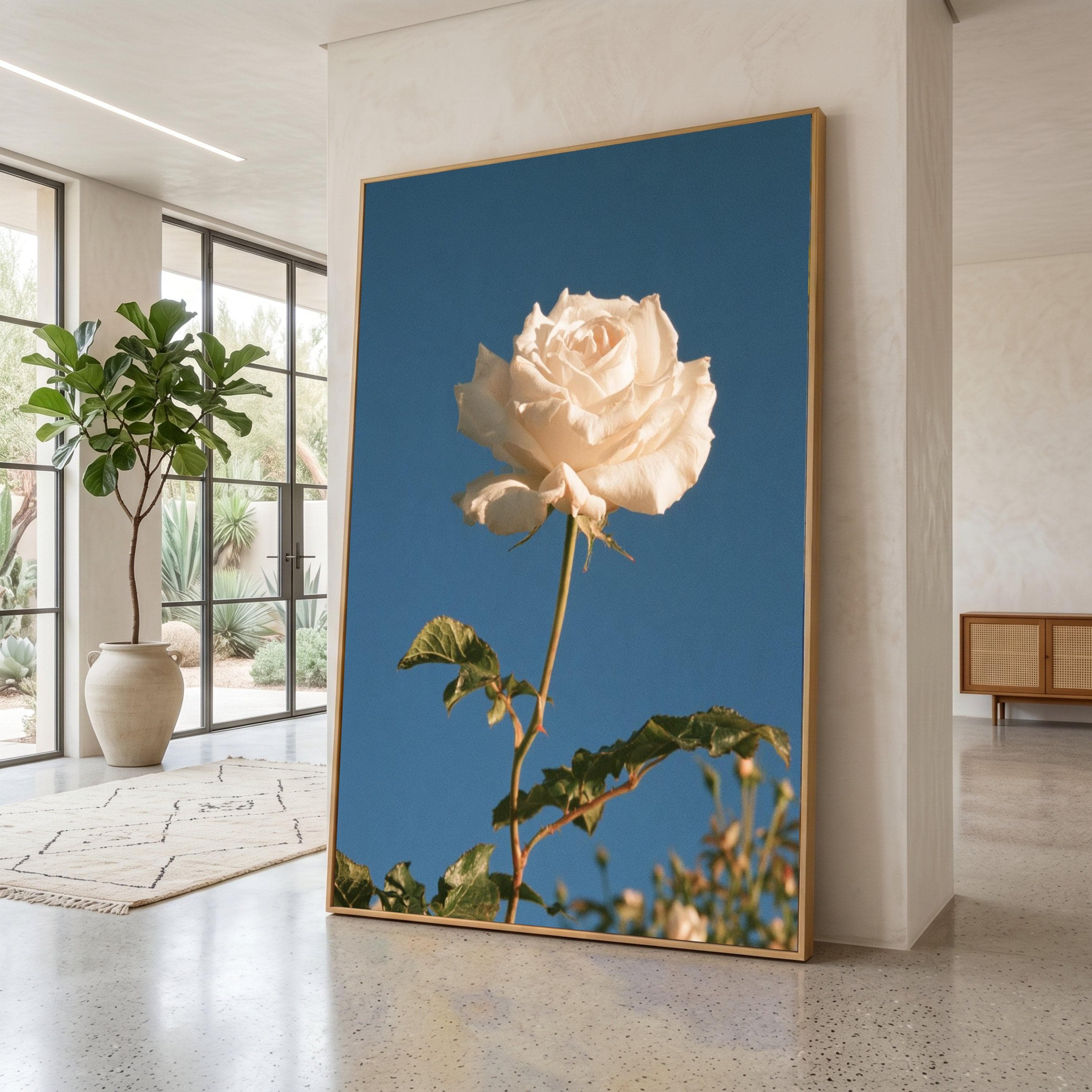 White Rose Bloom Canvas, Single Flower Wall Art, Botanical Canvas Decoration, Floral Home Accent, Blue Sky Background Print
